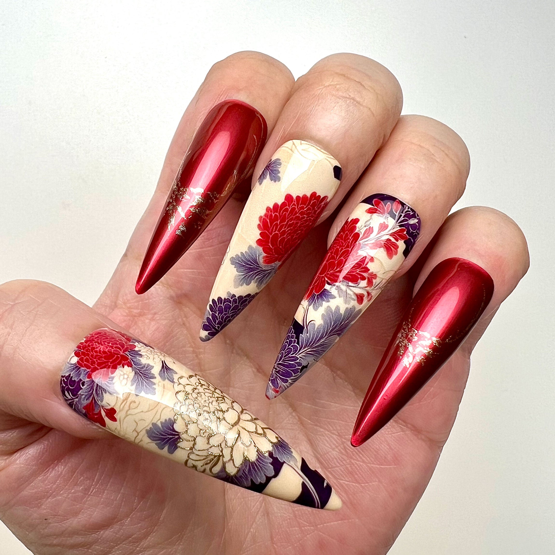 Japanese Floral Nails – Red Chrome Press-On Set, Purple &amp; Gold Chrysanthemum Art Design | Dragonnail
