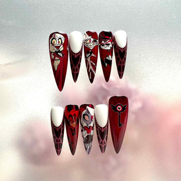Hazbin Hotel Nails – Charlie, Alastor &amp; Vaggie Press-On Set, Red &amp; Black Gothic Anime Design | Dragonnail