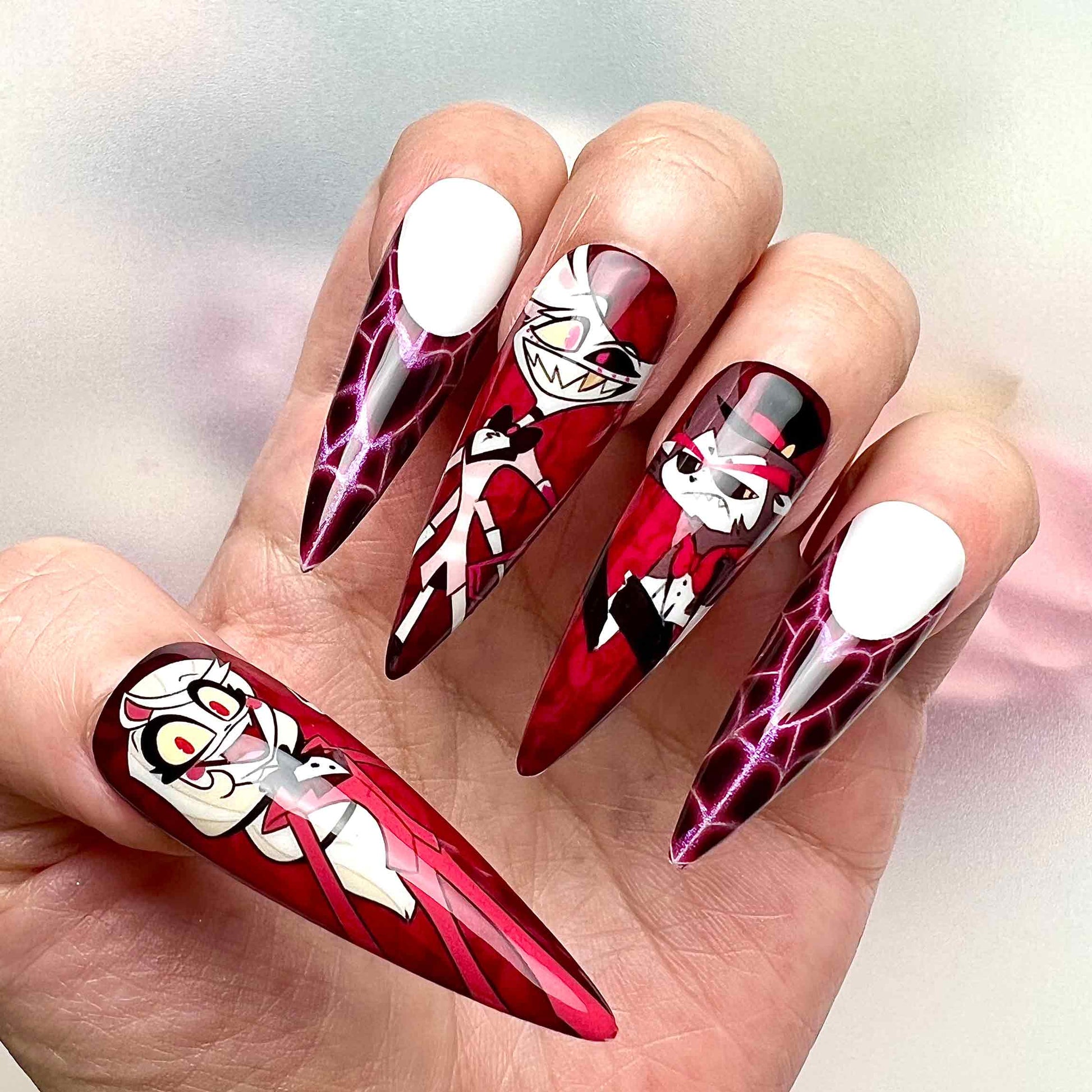Hazbin Hotel Nails – Charlie, Alastor &amp; Vaggie Press-On Set, Red &amp; Black Gothic Anime Design | Dragonnail