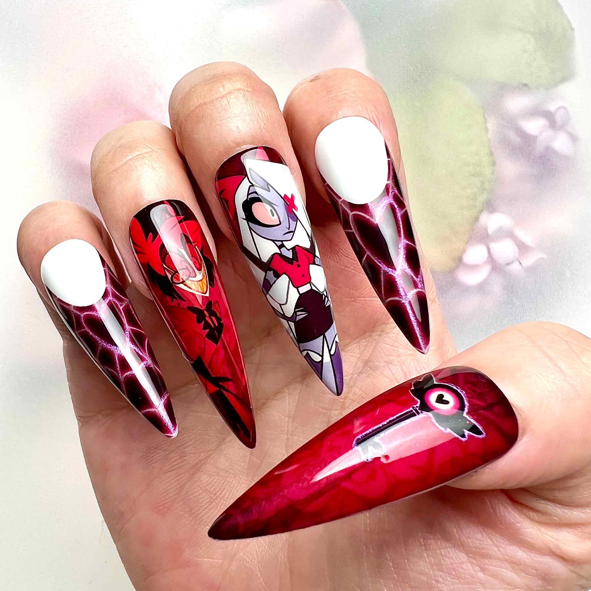 Hazbin Hotel Nails – Charlie, Alastor &amp; Vaggie Press-On Set, Red &amp; Black Gothic Anime Design | Dragonnail