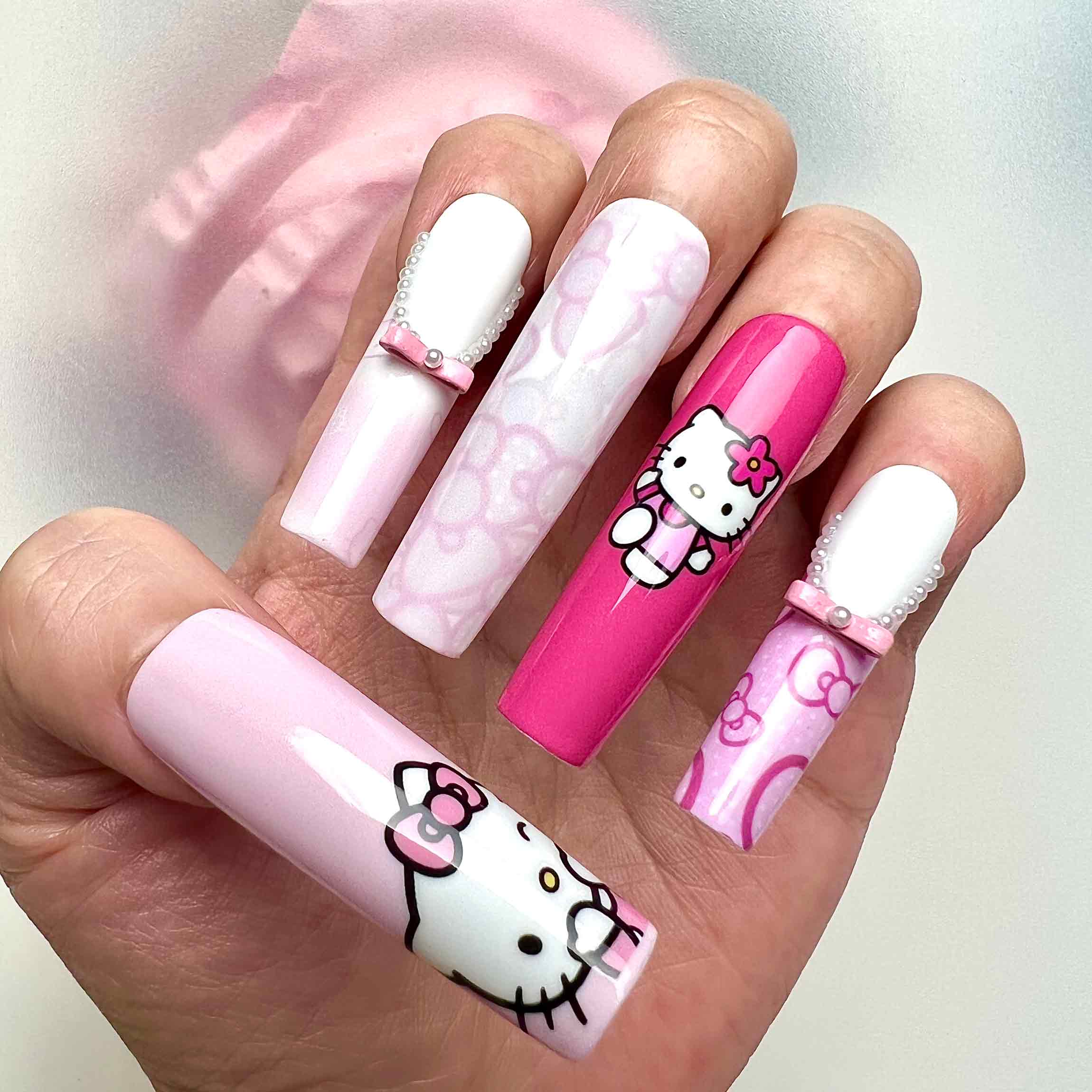 Hello Kitty Nails – Cute Pink Press-On Set, 3D Bow &amp; Kawaii Sanrio Coquette Design | Dragonnail