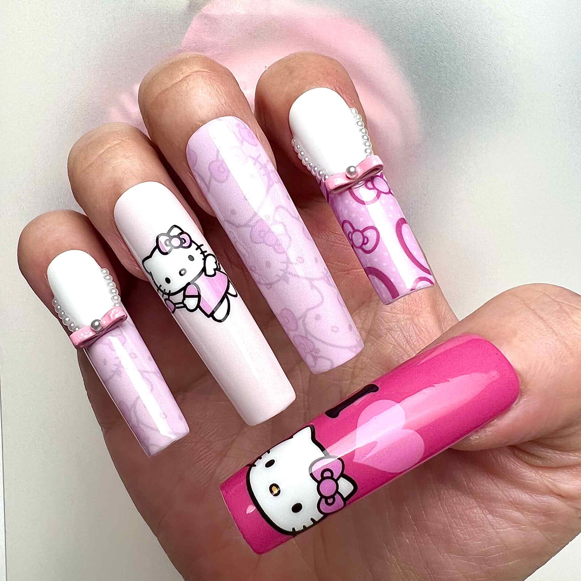 Hello Kitty Nails – Cute Pink Press-On Set, 3D Bow &amp; Kawaii Sanrio Coquette Design | Dragonnail