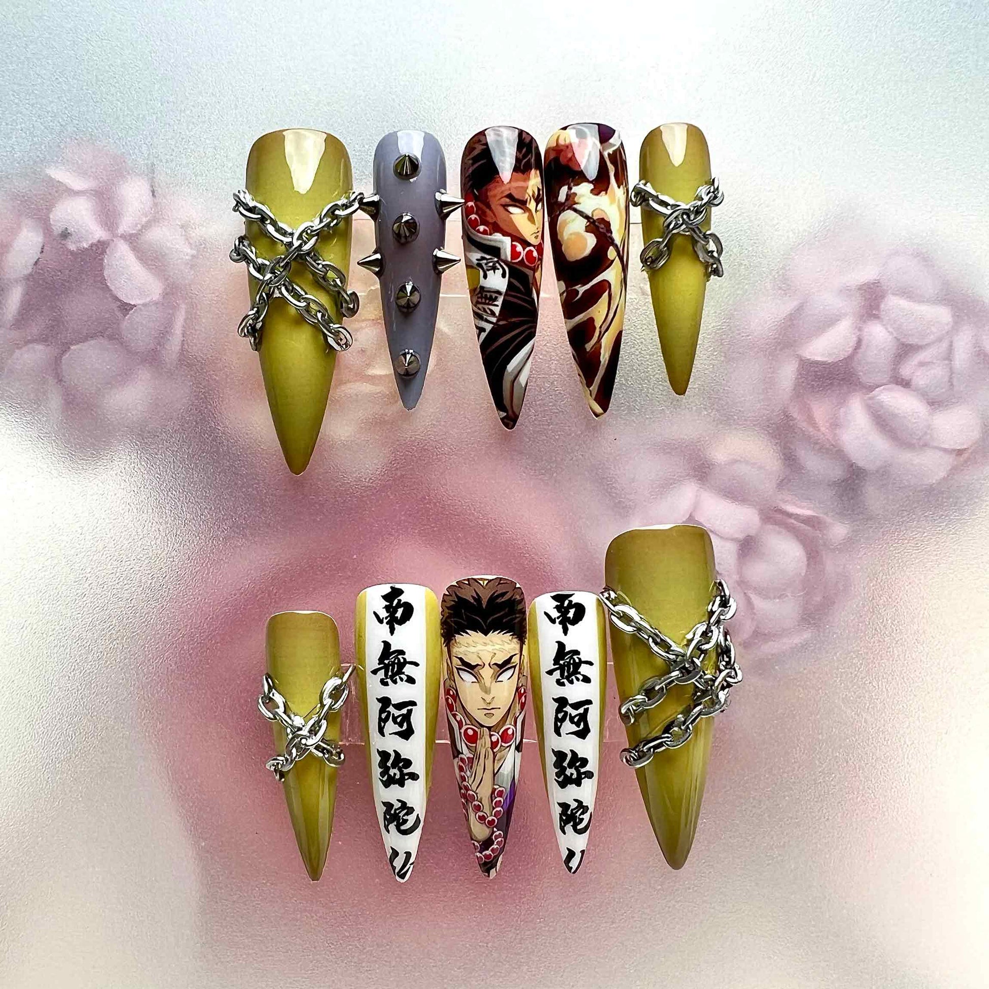 Gyomei Himejima Nails – Demon Slayer KNY Press-On Set, 3D Chain &amp; Spiked Stone Hashira Design | Dragonnail