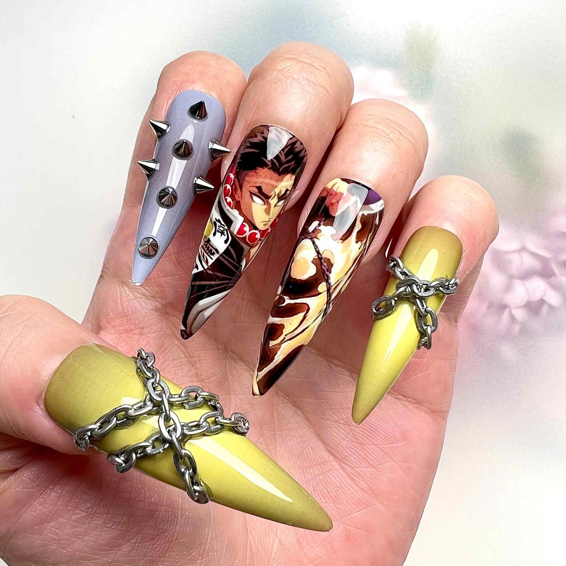 Gyomei Himejima Nails – Demon Slayer KNY Press-On Set, 3D Chain &amp; Spiked Stone Hashira Design | Dragonnail