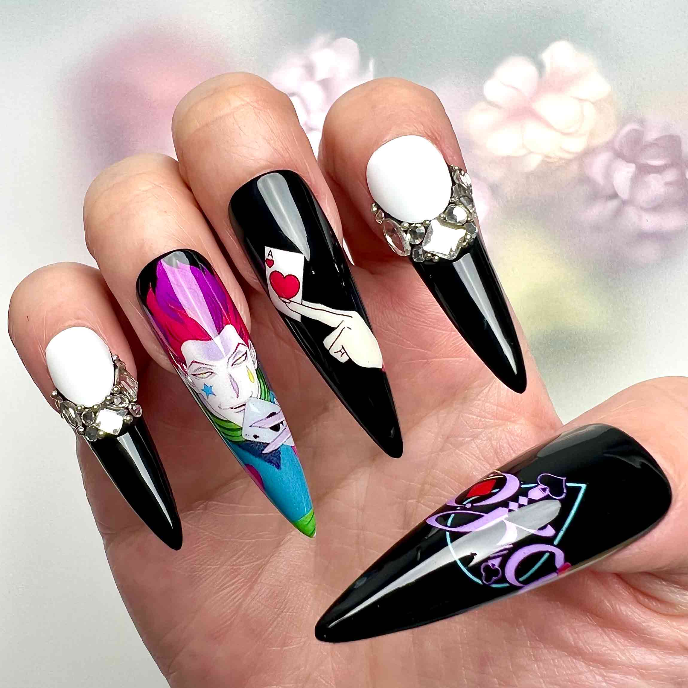 Hisoka Morow Nails – Hunter x Hunter HxH Press-On Set, 3D Gem &amp; Playing Card Anime Design | Dragonnail