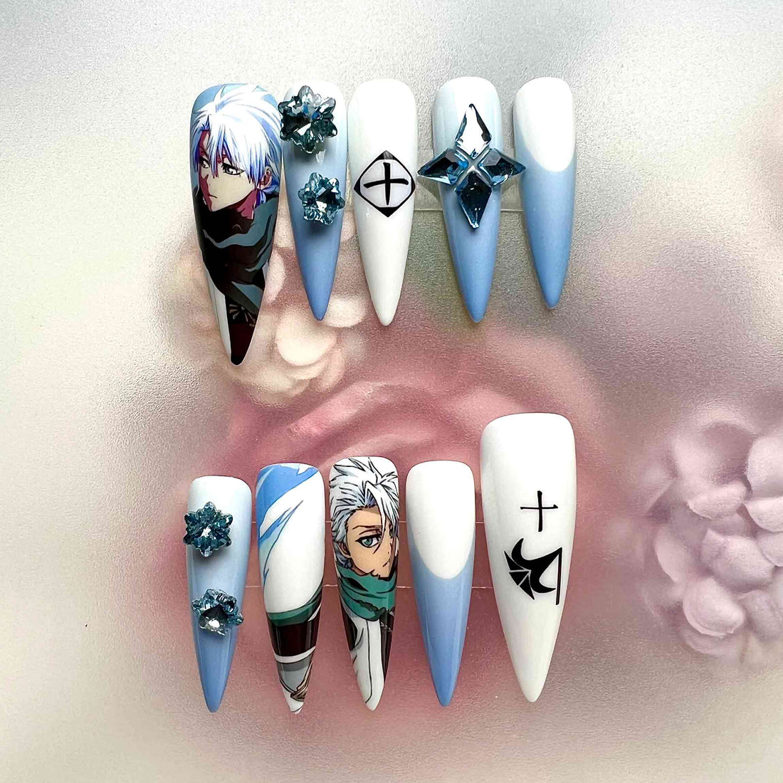 Tōshirō Hitsugaya Nails – Bleach Anime Press-On Set, 3D Ice Gem &amp; Soul Reaper Design | Dragonnail