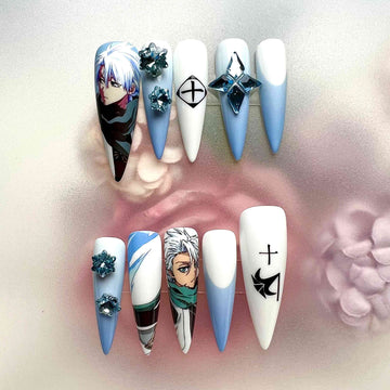 Tōshirō Hitsugaya Nails – Bleach Anime Press-On Set, 3D Ice Gem &amp; Soul Reaper Design | Dragonnail