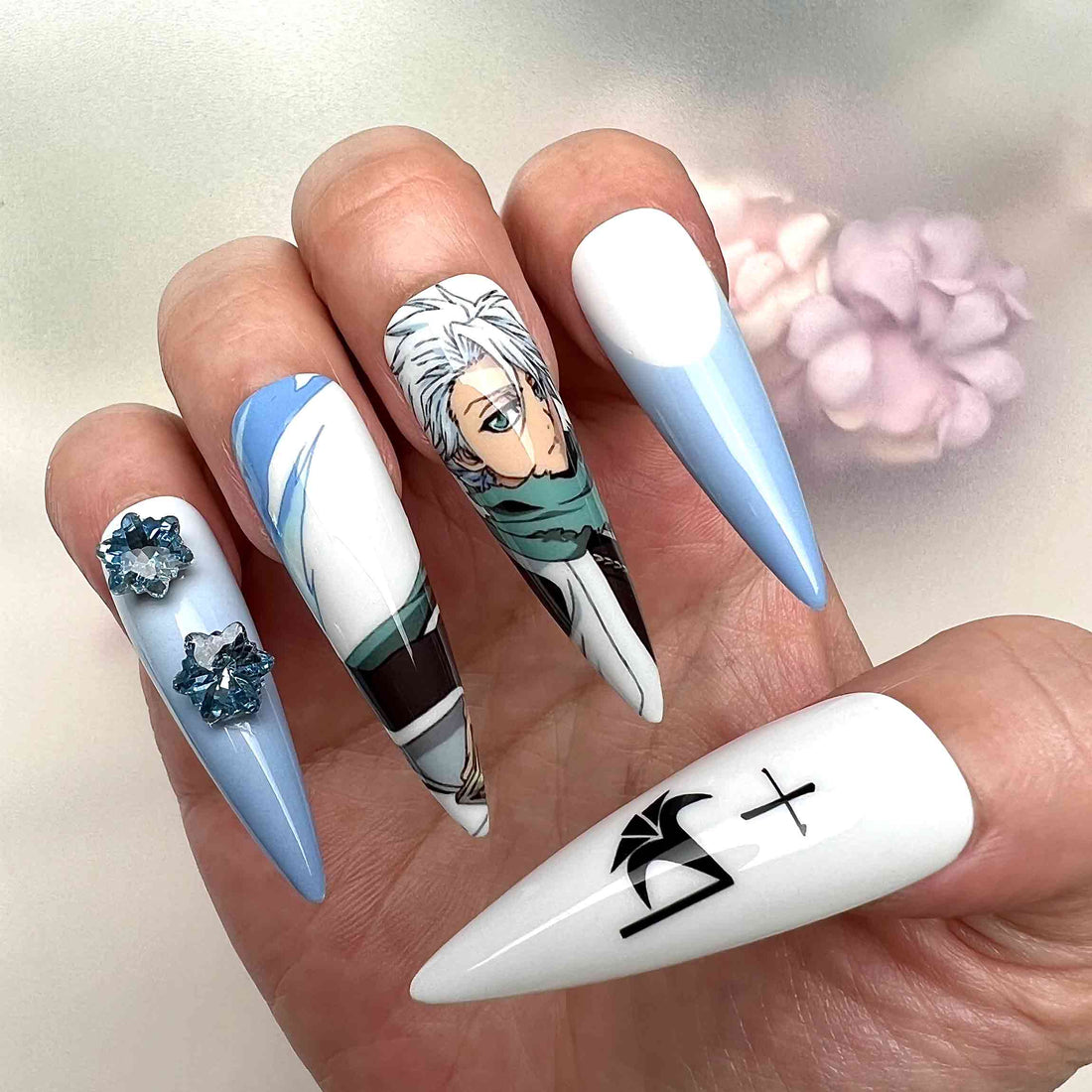 Tōshirō Hitsugaya Nails – Bleach Anime Press-On Set, 3D Ice Gem &amp; Soul Reaper Design | Dragonnail