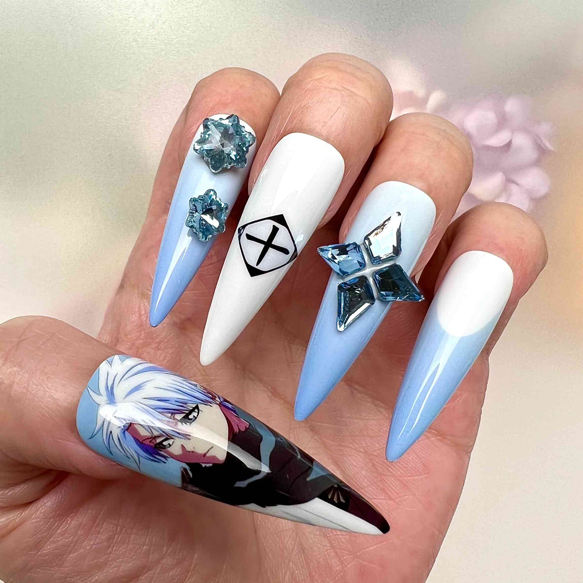 Tōshirō Hitsugaya Nails – Bleach Anime Press-On Set, 3D Ice Gem &amp; Soul Reaper Design | Dragonnail