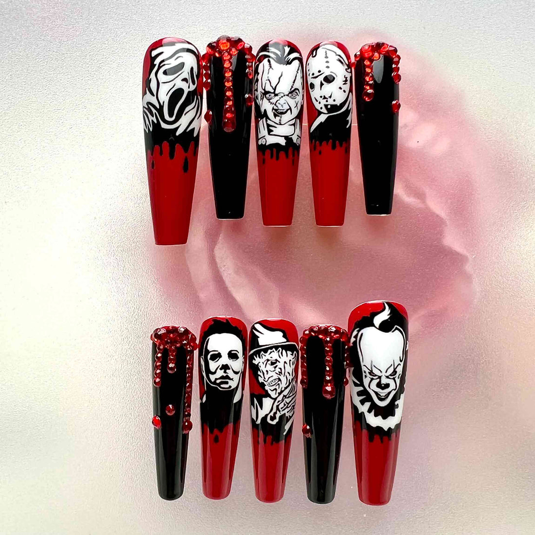 Horror Villains Nails – Halloween Press-On Set, 3D Blood Drip &amp; Serial Killer Gothic Design | Dragonnail