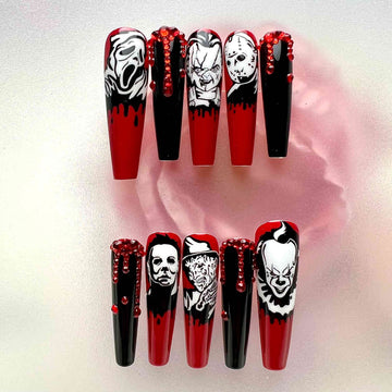 Horror Villains Nails – Halloween Press-On Set, 3D Blood Drip &amp; Serial Killer Gothic Design | Dragonnail