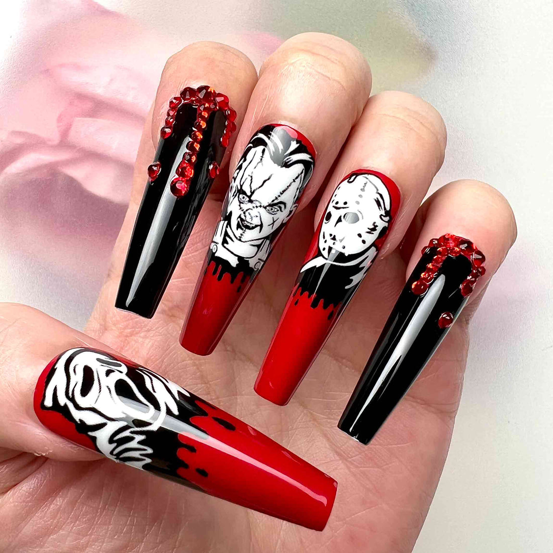 Horror Villains Nails – Halloween Press-On Set, 3D Blood Drip &amp; Serial Killer Gothic Design | Dragonnail