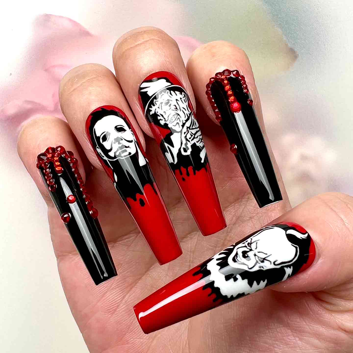Horror Villains Nails – Halloween Press-On Set, 3D Blood Drip &amp; Serial Killer Gothic Design | Dragonnail
