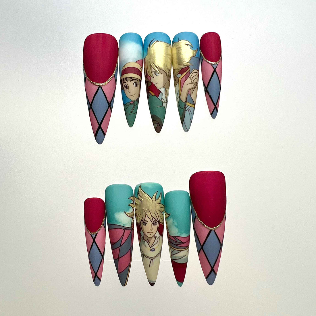Howl's Moving Castle Nails – Howl &amp; Sophie Press-On Set, Matte Harlequin Cloak Anime Design | Dragonnail