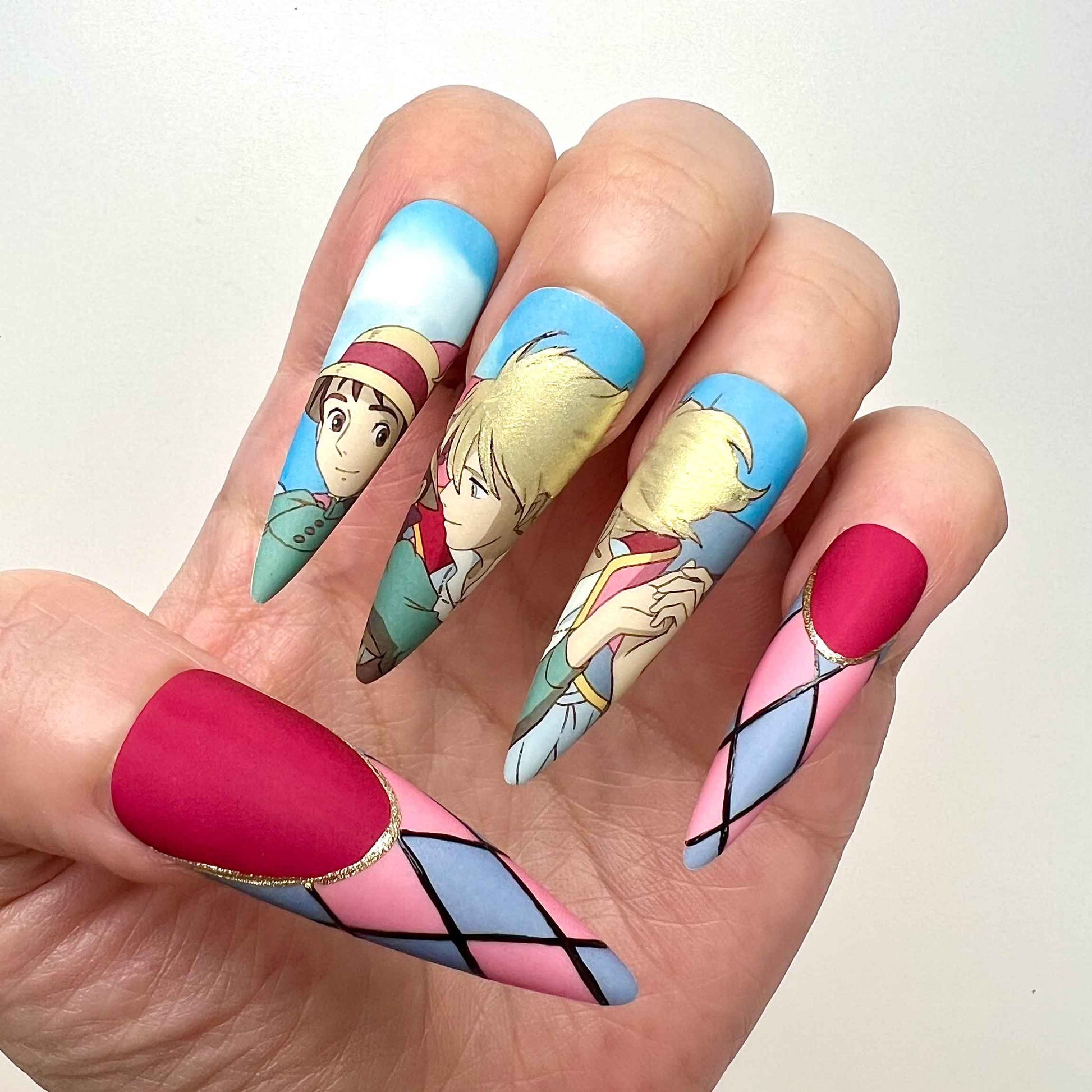 Howl's Moving Castle Nails – Howl &amp; Sophie Press-On Set, Matte Harlequin Cloak Anime Design | Dragonnail