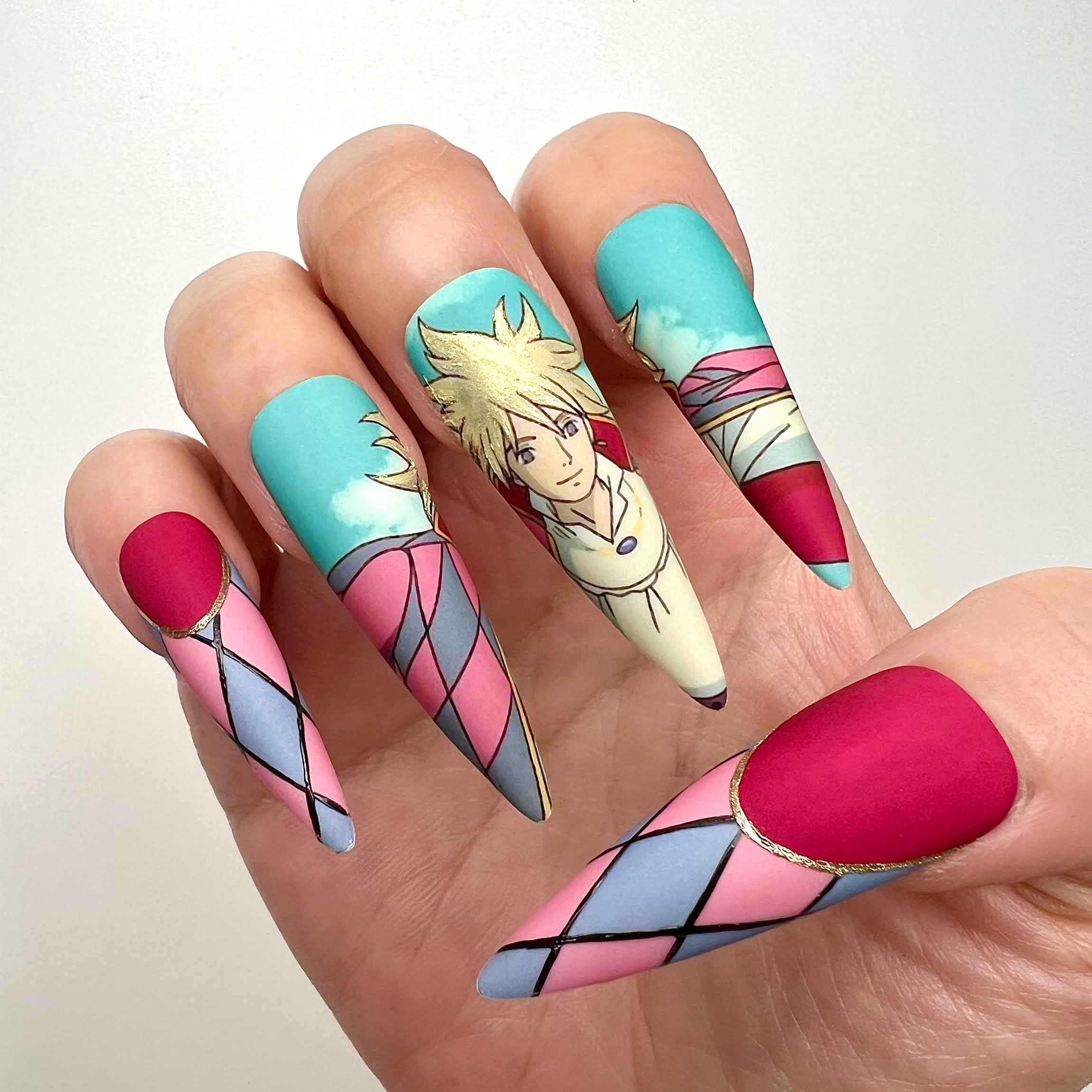 Howl's Moving Castle Nails – Howl &amp; Sophie Press-On Set, Matte Harlequin Cloak Anime Design | Dragonnail