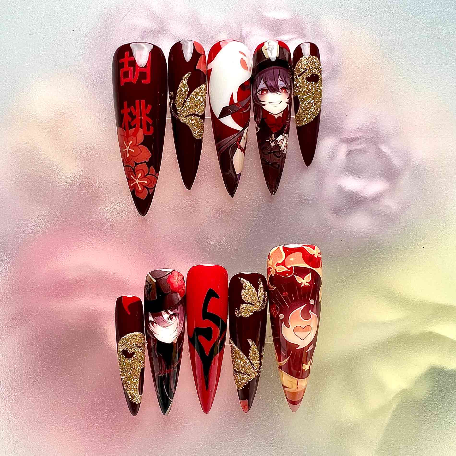 Hu Tao Nails – Genshin Impact Press-On Set, 3D Gold Glitter &amp; Red Ghost Pyro Design | Dragonnail