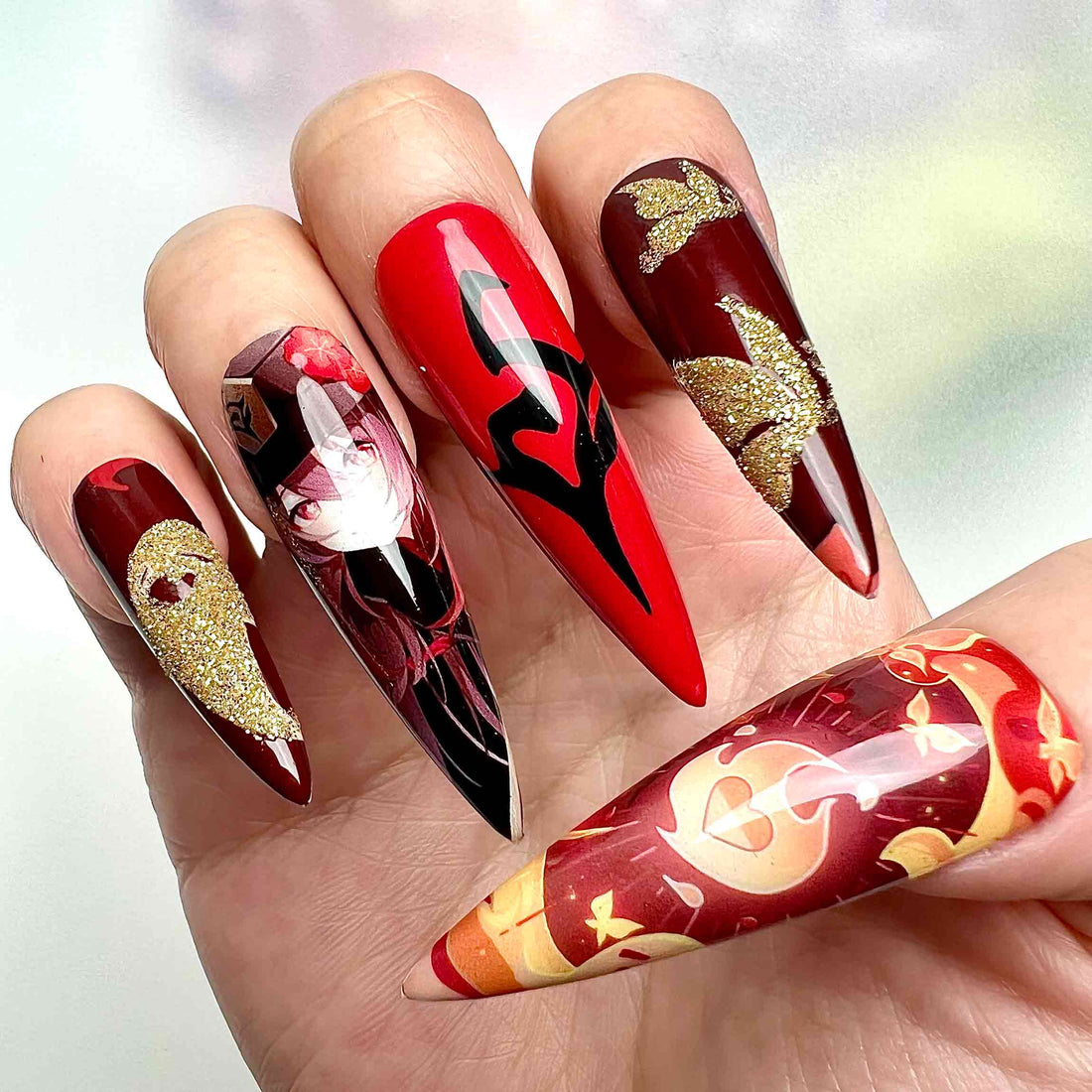 Hu Tao Nails – Genshin Impact Press-On Set, 3D Gold Glitter &amp; Red Ghost Pyro Design | Dragonnail