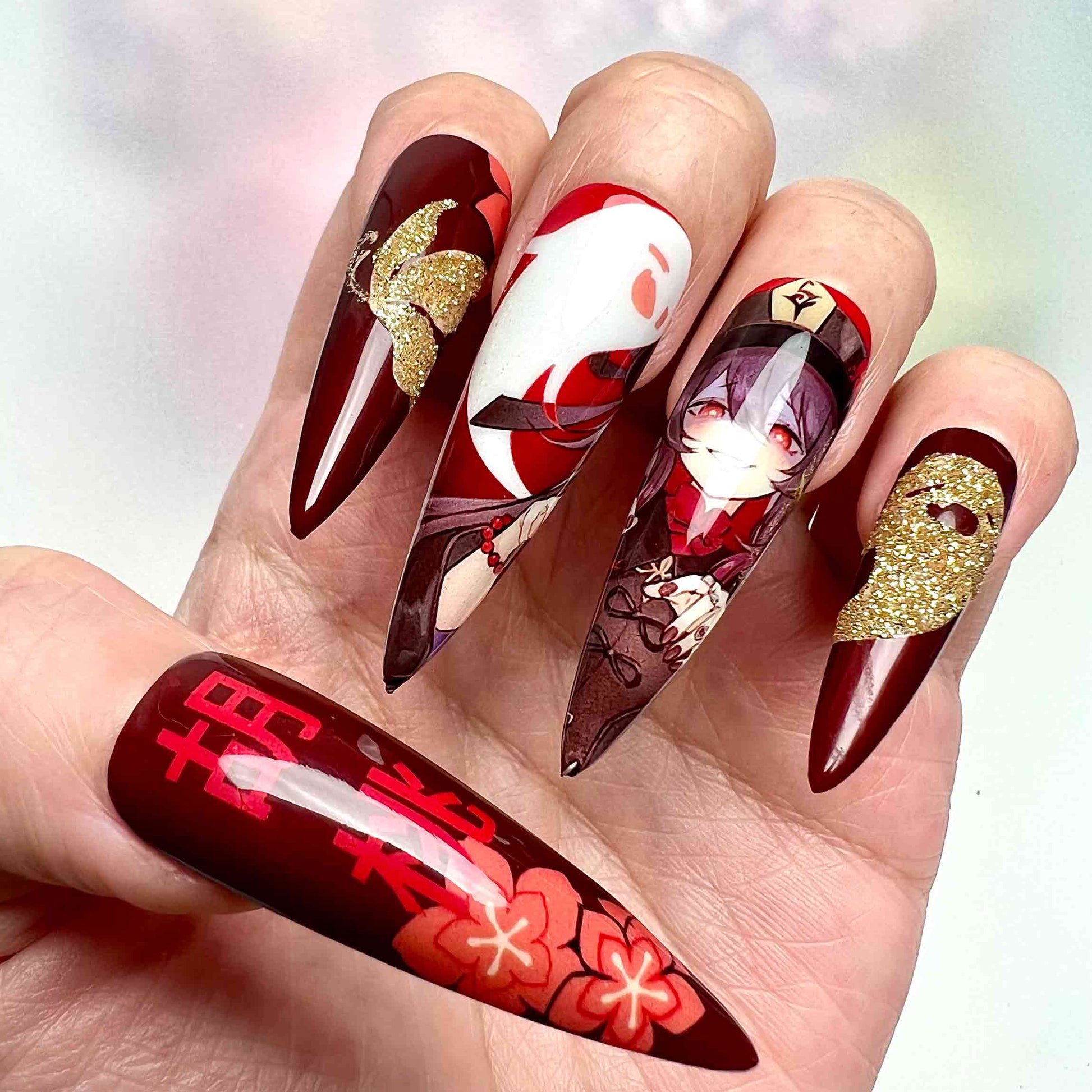 Hu Tao Nails – Genshin Impact Press-On Set, 3D Gold Glitter &amp; Red Ghost Pyro Design | Dragonnail