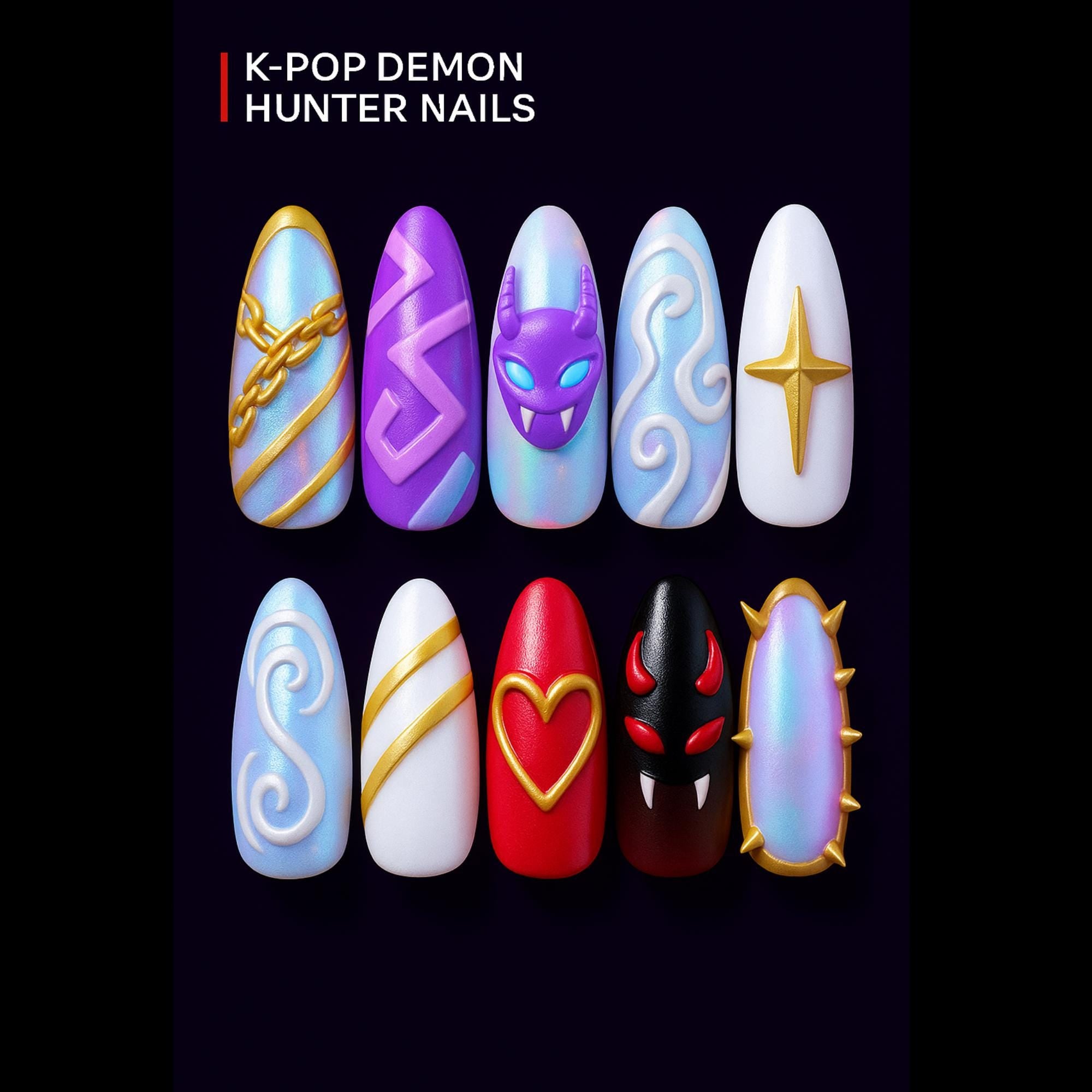 Hunter Demon Press On Nails Huntrix Nails Anime Inspired Nail Art Kpop Nails Y2k Nails Press On Dragonnail