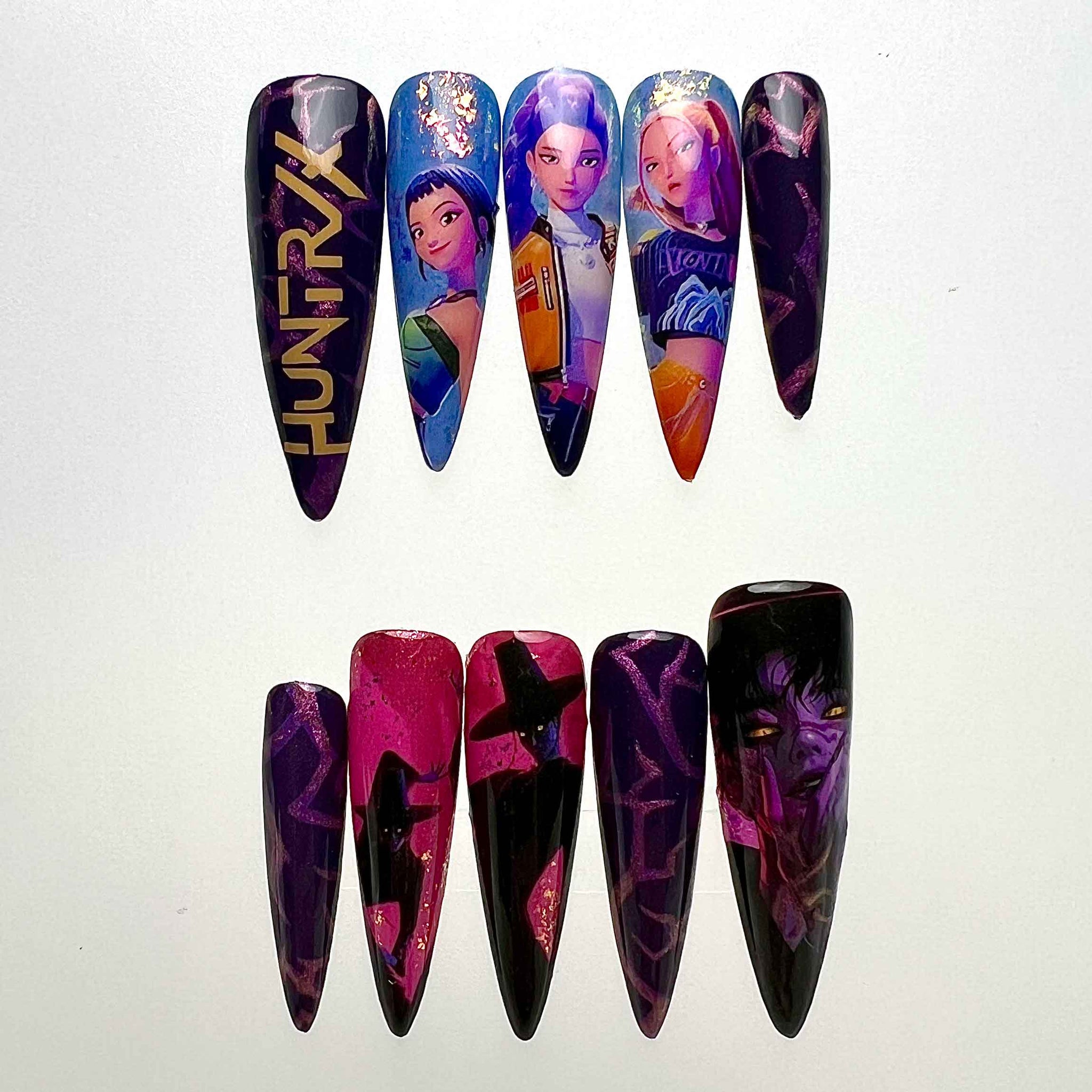 HUNTRIX K-Pop Nails – Rumi, Mira &amp; Zoey Press-On Set, Purple Chrome &amp; Demon Hunter Design | Dragonnail