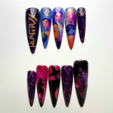 HUNTRIX K-Pop Nails – Rumi, Mira &amp; Zoey Press-On Set, Purple Chrome &amp; Demon Hunter Design | Dragonnail