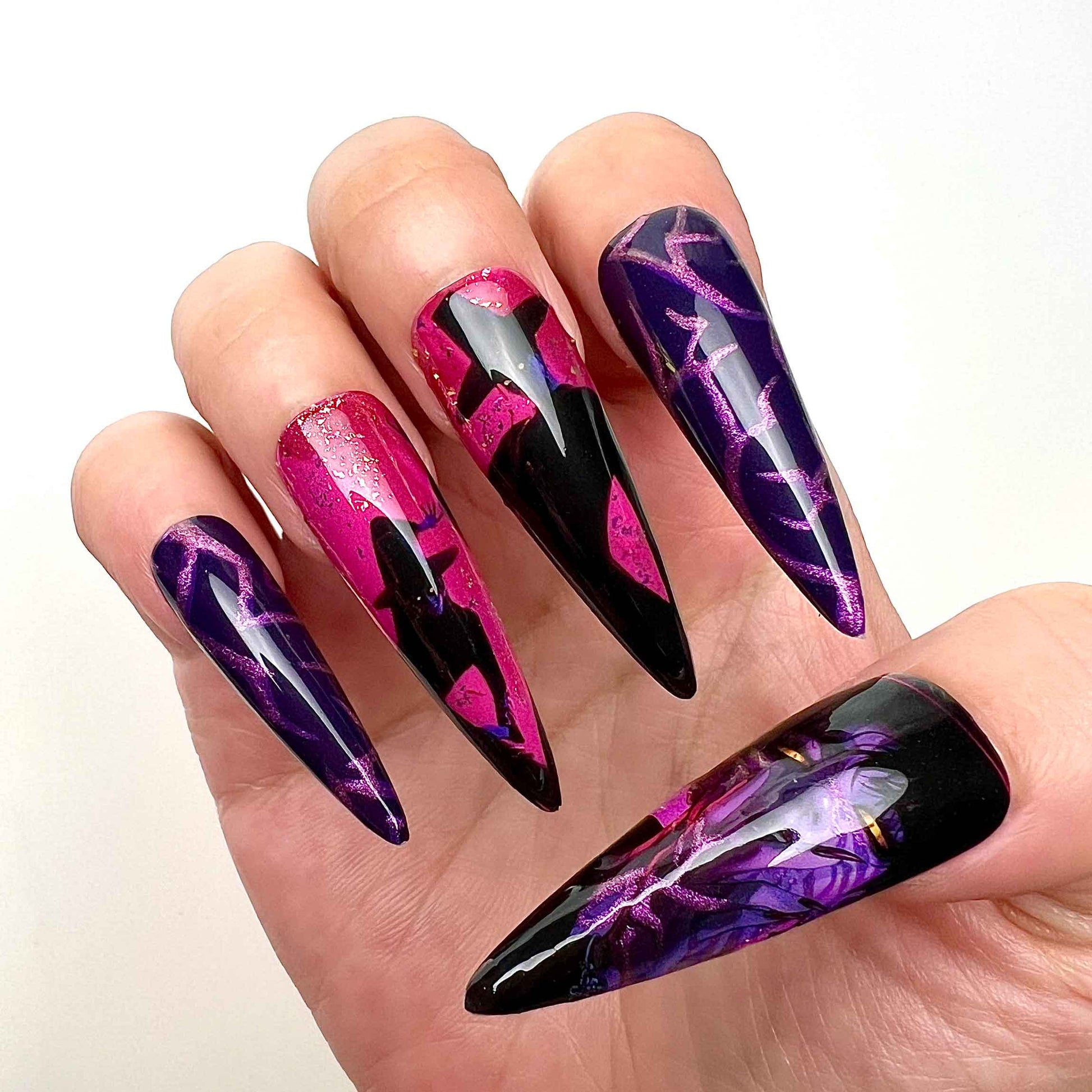 HUNTRIX K-Pop Nails – Rumi, Mira &amp; Zoey Press-On Set, Purple Chrome &amp; Demon Hunter Design | Dragonnail