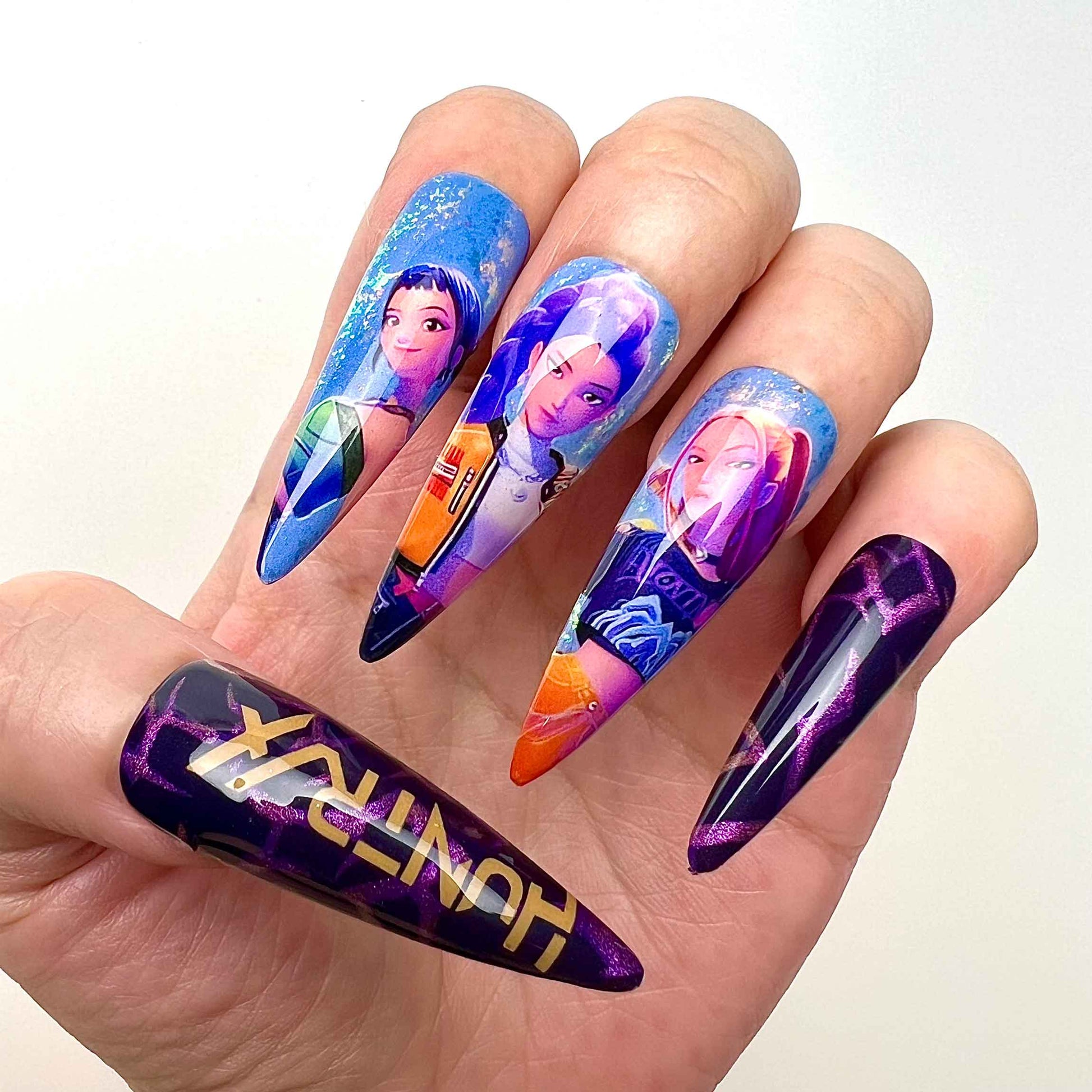 HUNTRIX K-Pop Nails – Rumi, Mira &amp; Zoey Press-On Set, Purple Chrome &amp; Demon Hunter Design | Dragonnail