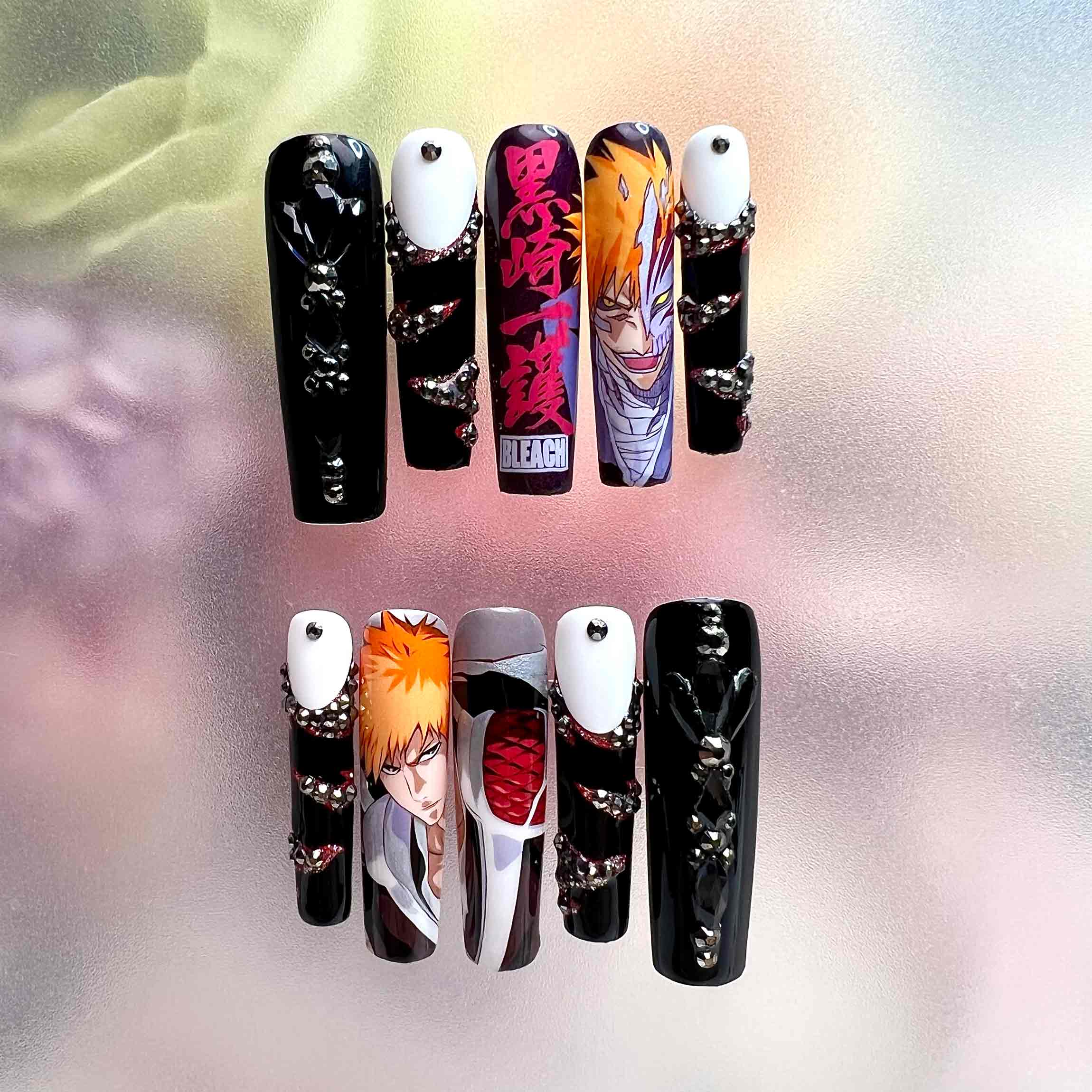 Ichigo Kurosaki Nails – Bleach Anime Press-On Set, 3D Gem Hollow Mask &amp; Bankai Design | Dragonnail