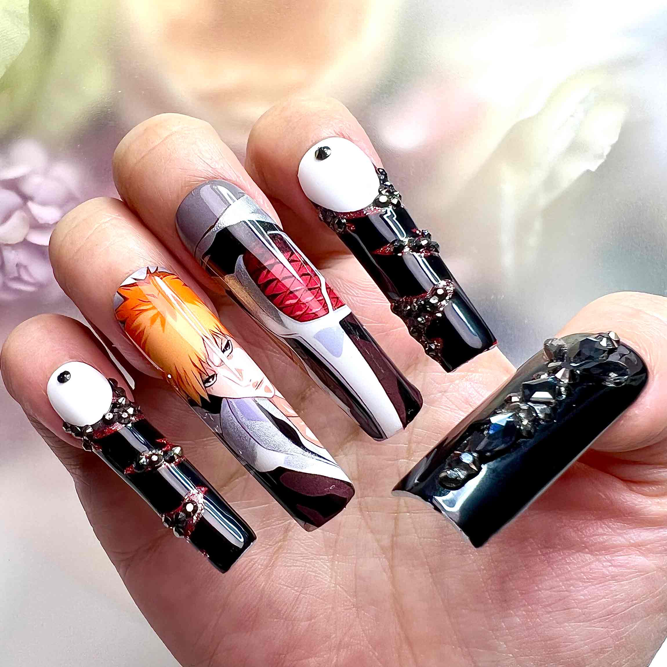Ichigo Kurosaki Nails – Bleach Anime Press-On Set, 3D Gem Hollow Mask &amp; Bankai Design | Dragonnail