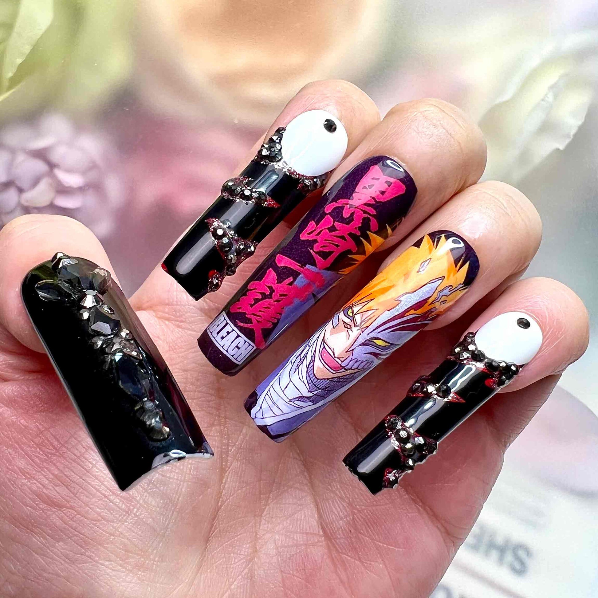 Ichigo Kurosaki Nails – Bleach Anime Press-On Set, 3D Gem Hollow Mask &amp; Bankai Design | Dragonnail