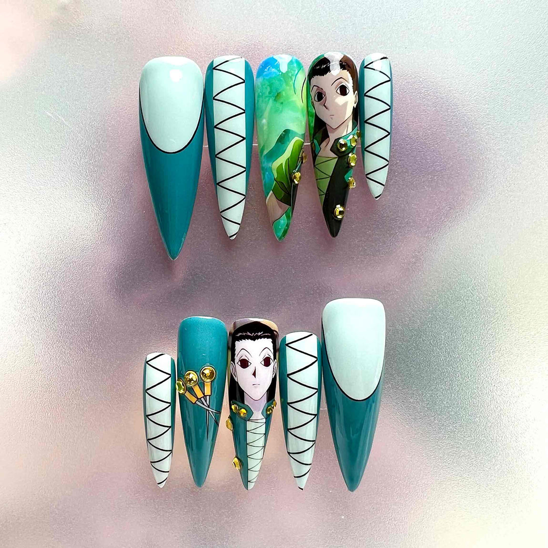 Gon &amp; Illumi Nails – Hunter x Hunter HxH Press-On Set, 3D Pin &amp; Green Zoldyck Anime Design | Dragonnail