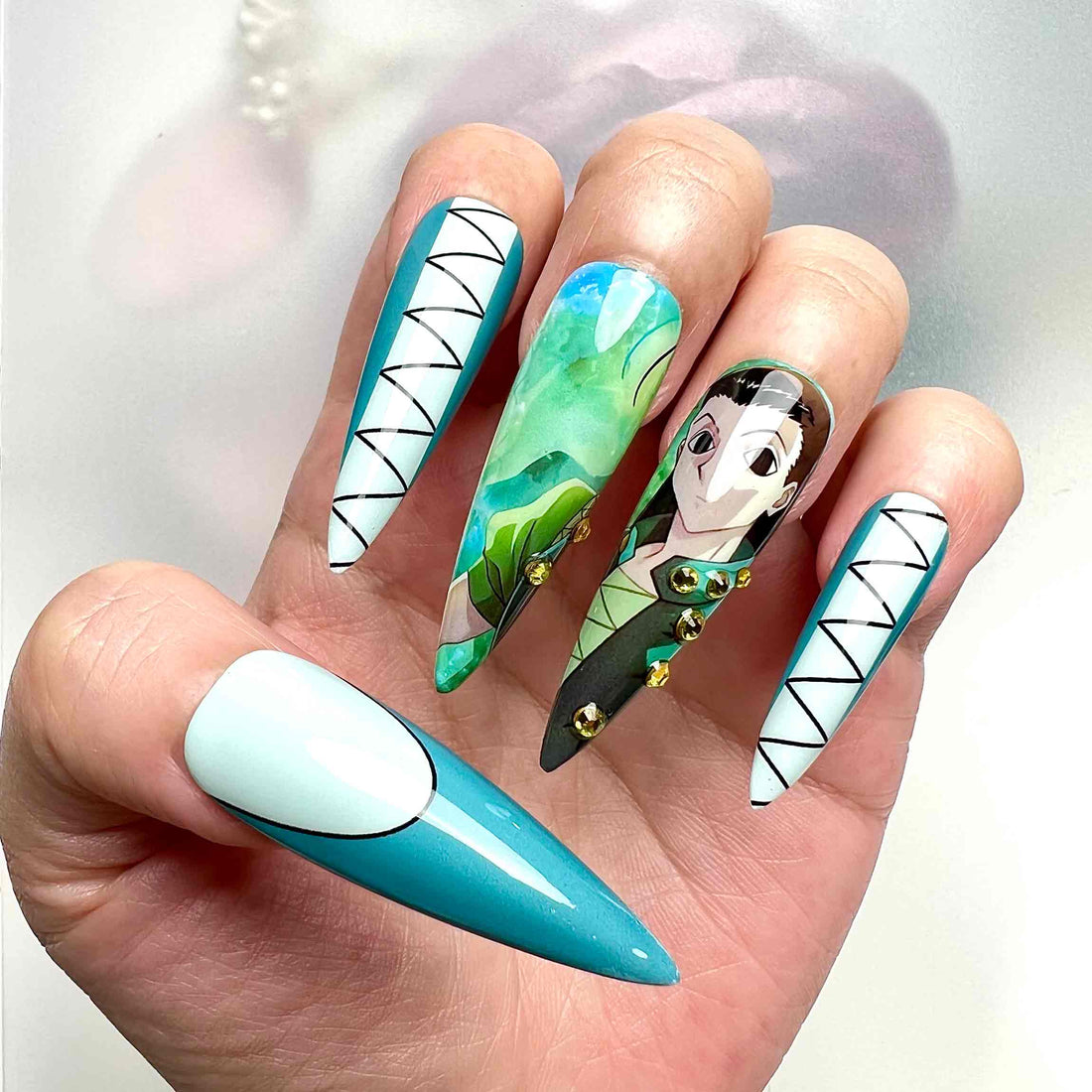 Gon &amp; Illumi Nails – Hunter x Hunter HxH Press-On Set, 3D Pin &amp; Green Zoldyck Anime Design | Dragonnail