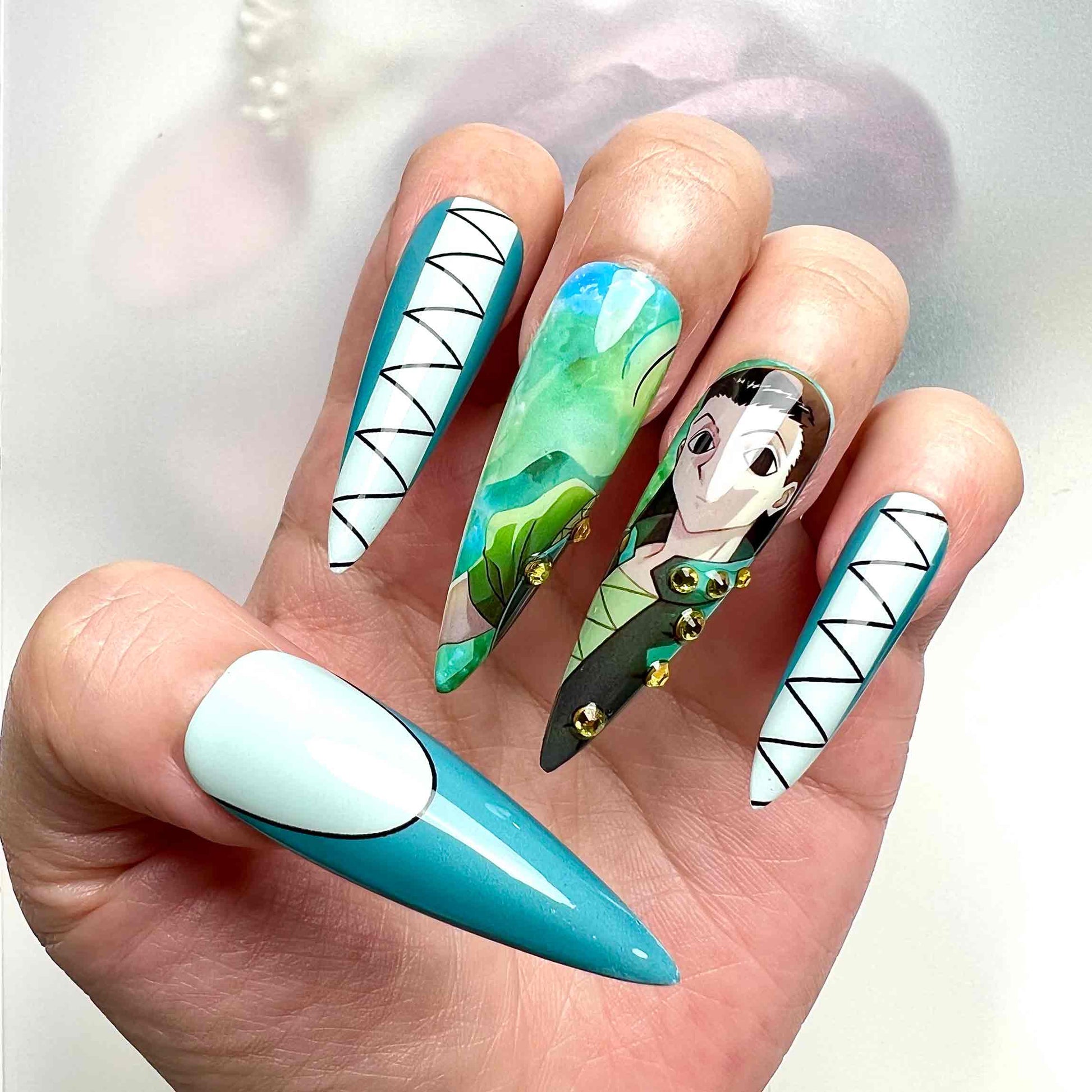 Gon &amp; Illumi Nails – Hunter x Hunter HxH Press-On Set, 3D Pin &amp; Green Zoldyck Anime Design | Dragonnail