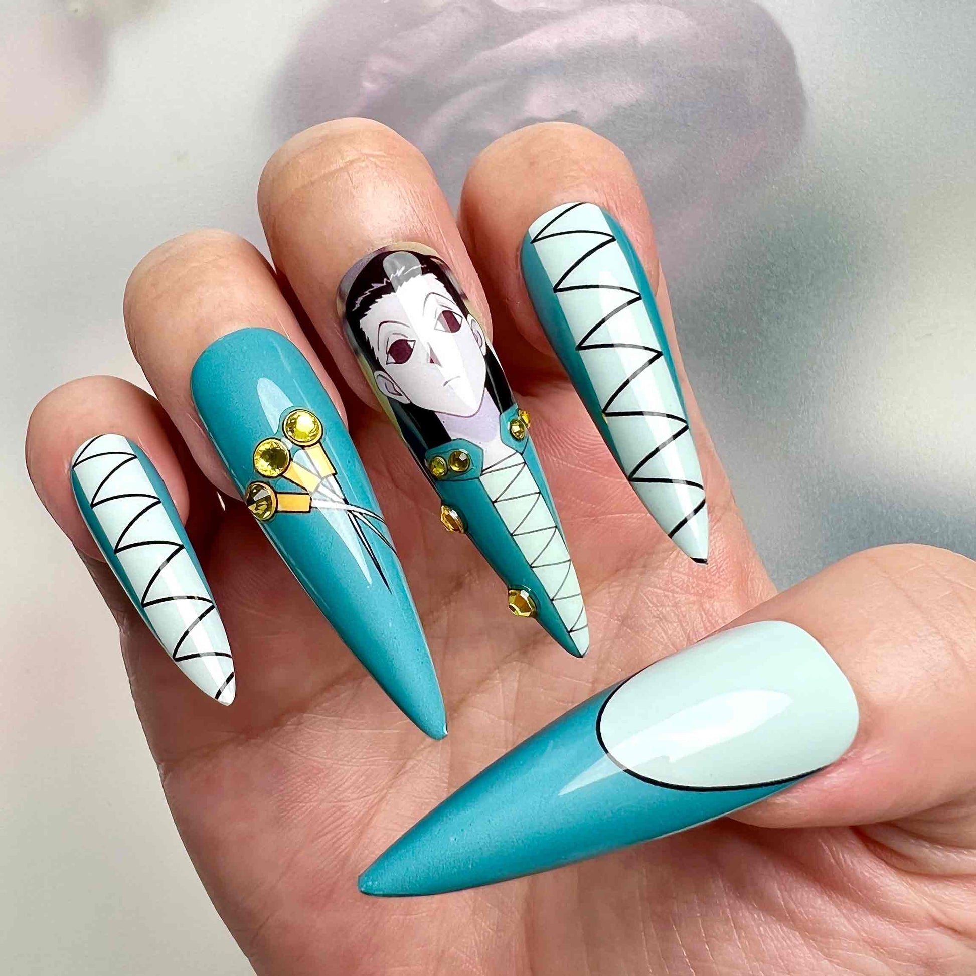 Gon &amp; Illumi Nails – Hunter x Hunter HxH Press-On Set, 3D Pin &amp; Green Zoldyck Anime Design | Dragonnail