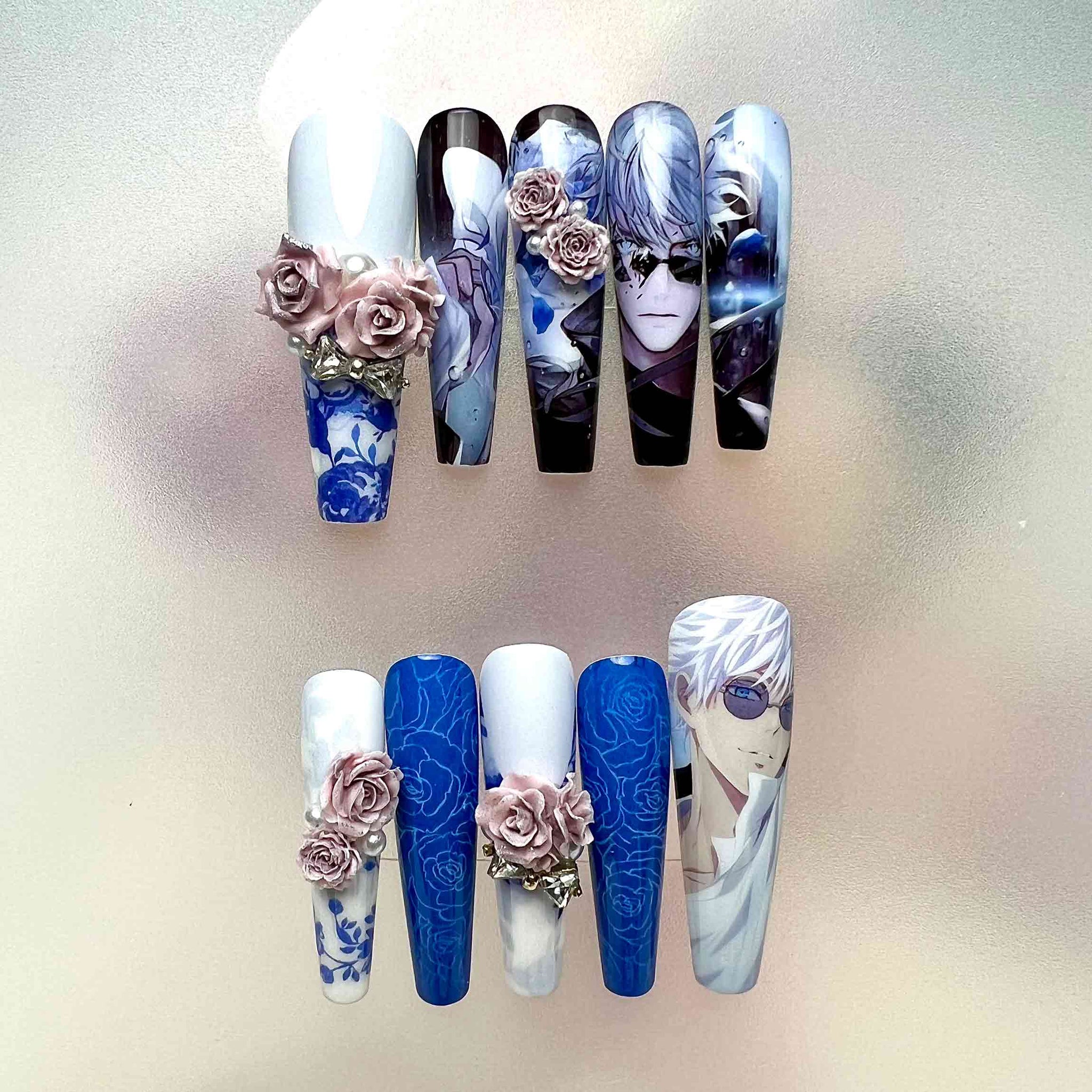 Gojo Satoru Nails – Jujutsu Kaisen JJK Press-On Set, 3D Rose &amp; Blue Porcelain Anime Design | Dragonnail