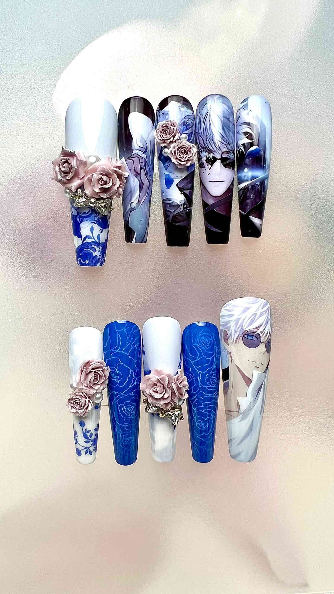 Gojo Satoru Nails – Jujutsu Kaisen JJK Press-On Set, 3D Rose &amp; Blue Porcelain Anime Design | Dragonnail