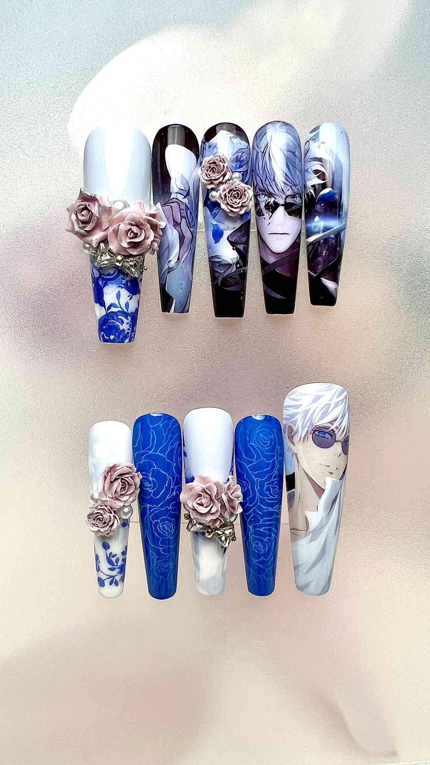 Gojo Satoru Nails – Jujutsu Kaisen JJK Press-On Set, 3D Rose &amp; Blue Porcelain Anime Design | Dragonnail