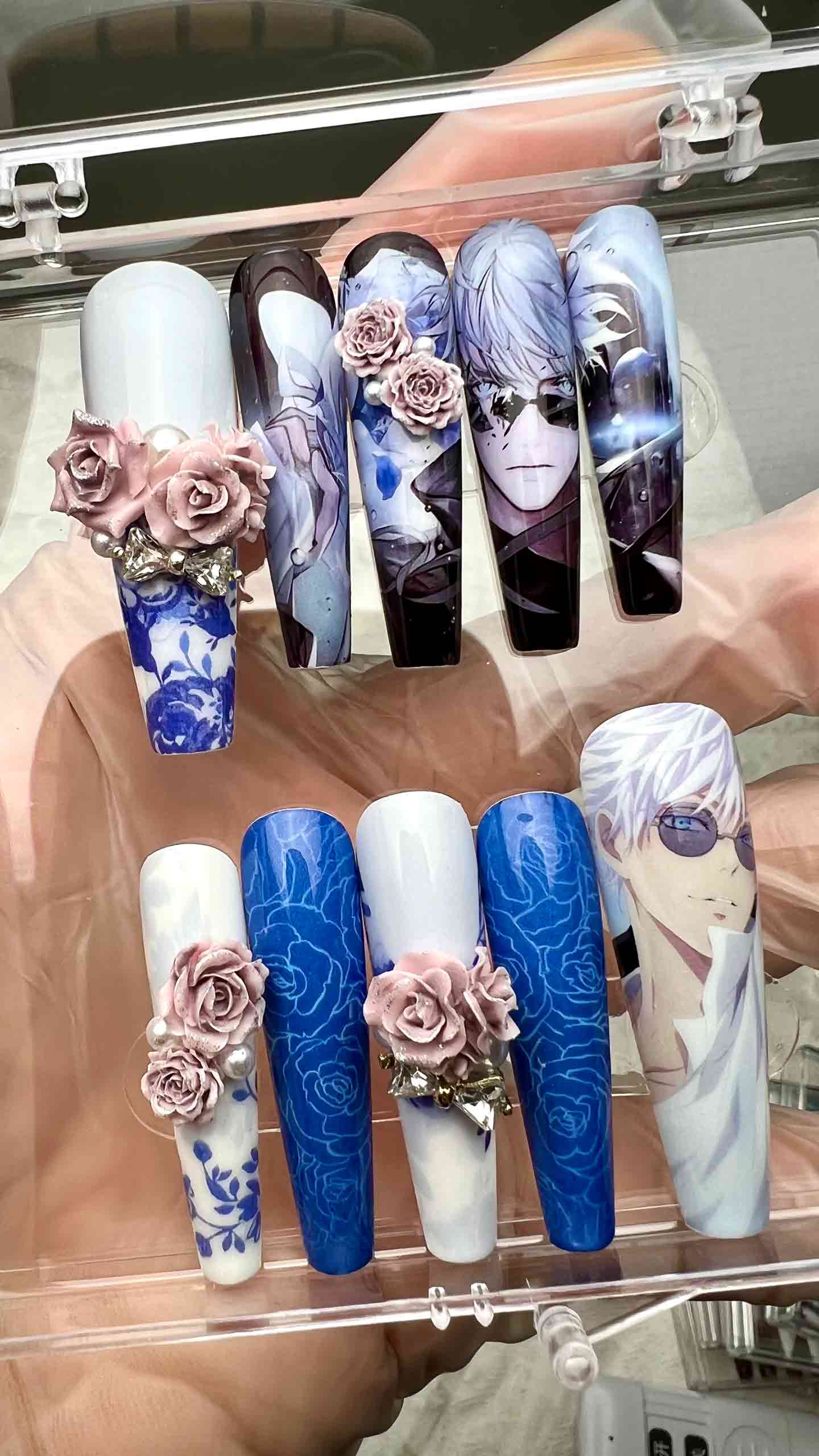 Gojo Satoru Nails – Jujutsu Kaisen JJK Press-On Set, 3D Rose &amp; Blue Porcelain Anime Design | Dragonnail