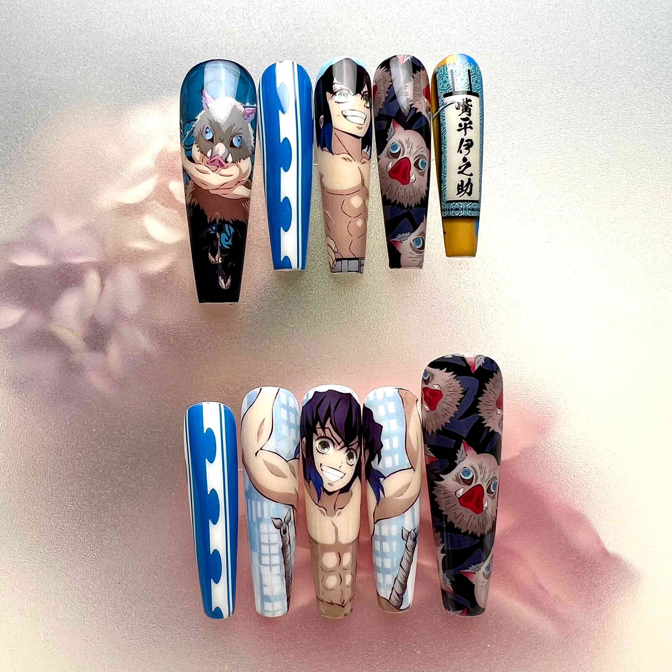 Inosuke Hashibira Nails – Demon Slayer KNY Press-On Set, Beast Breathing &amp; Boar Mask Anime Design | Dragonnail