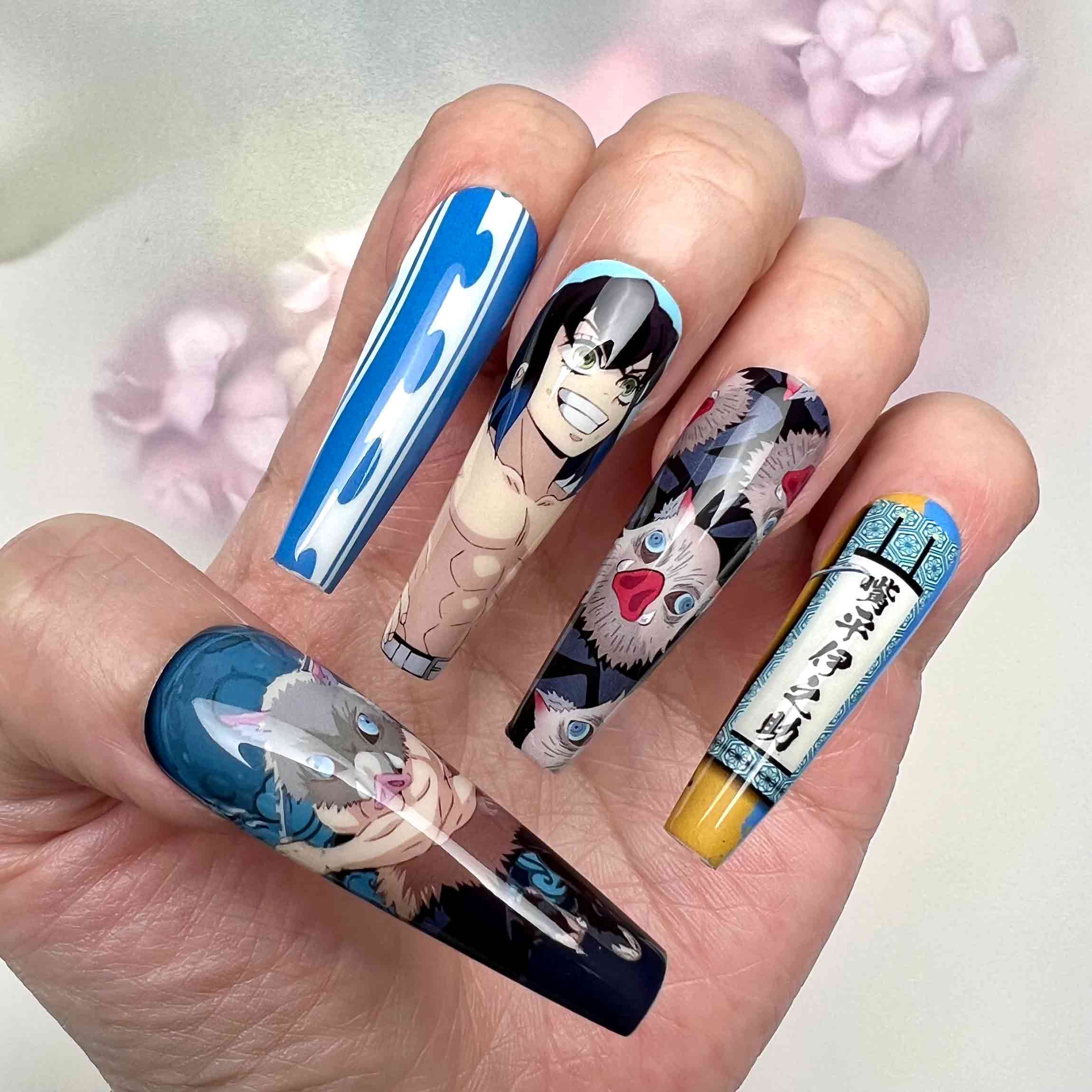 Inosuke Hashibira Nails – Demon Slayer KNY Press-On Set, Beast Breathing &amp; Boar Mask Anime Design | Dragonnail