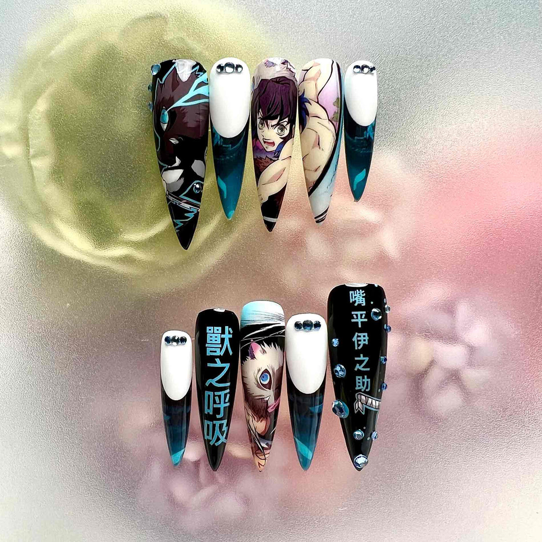 Inosuke Hashibira Nails – Demon Slayer KNY Press-On Set, 3D Blue Gem &amp; Beast Breathing Anime Design | Dragonnail