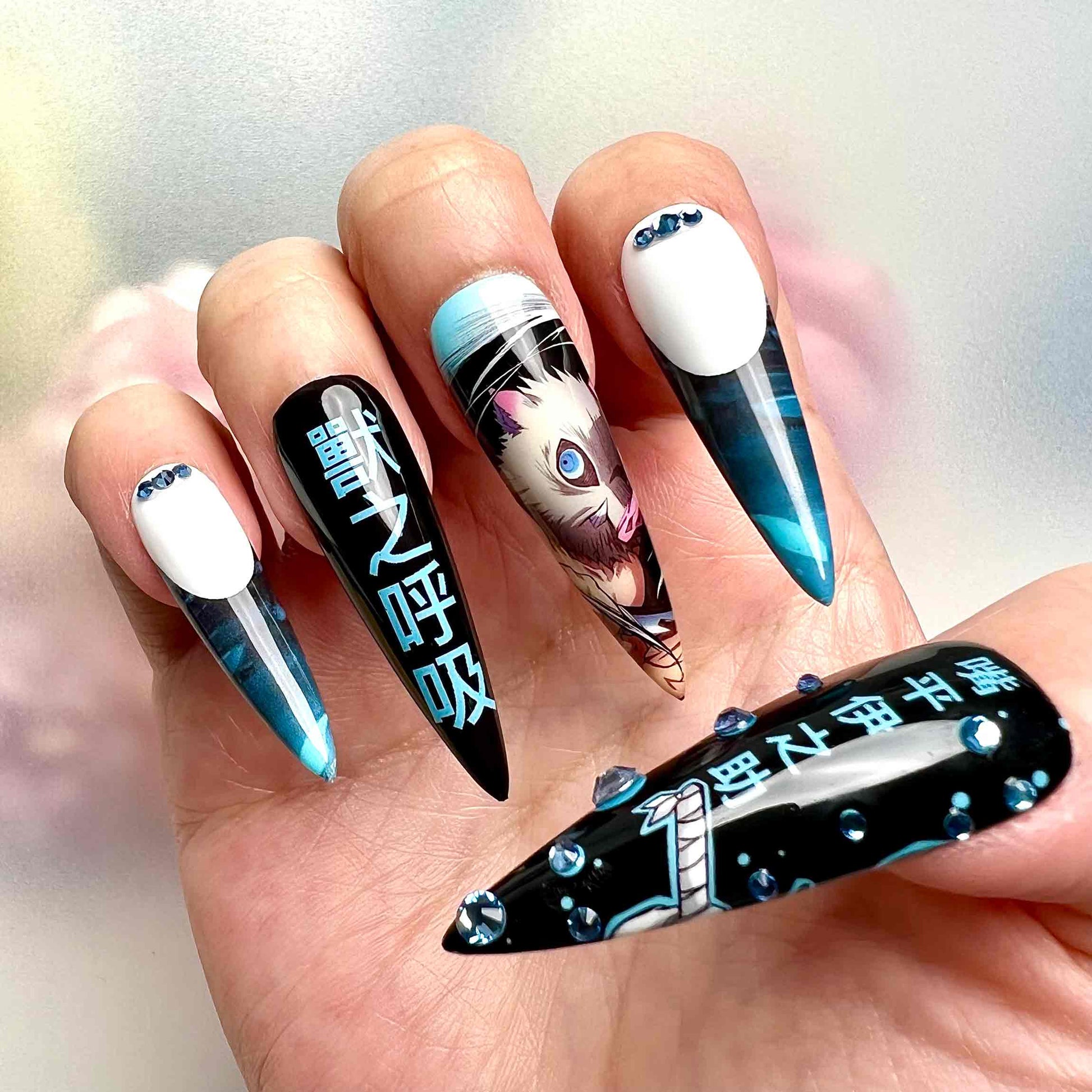 Inosuke Hashibira Nails – Demon Slayer KNY Press-On Set, 3D Blue Gem &amp; Beast Breathing Anime Design | Dragonnail