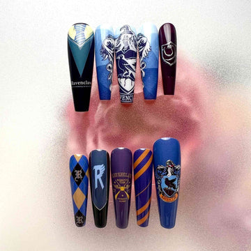 Harry Potter Ravenclaw Nails – HP Press-On Set, Blue &amp; Bronze Eagle Crest Uniform Design | Dragonnail