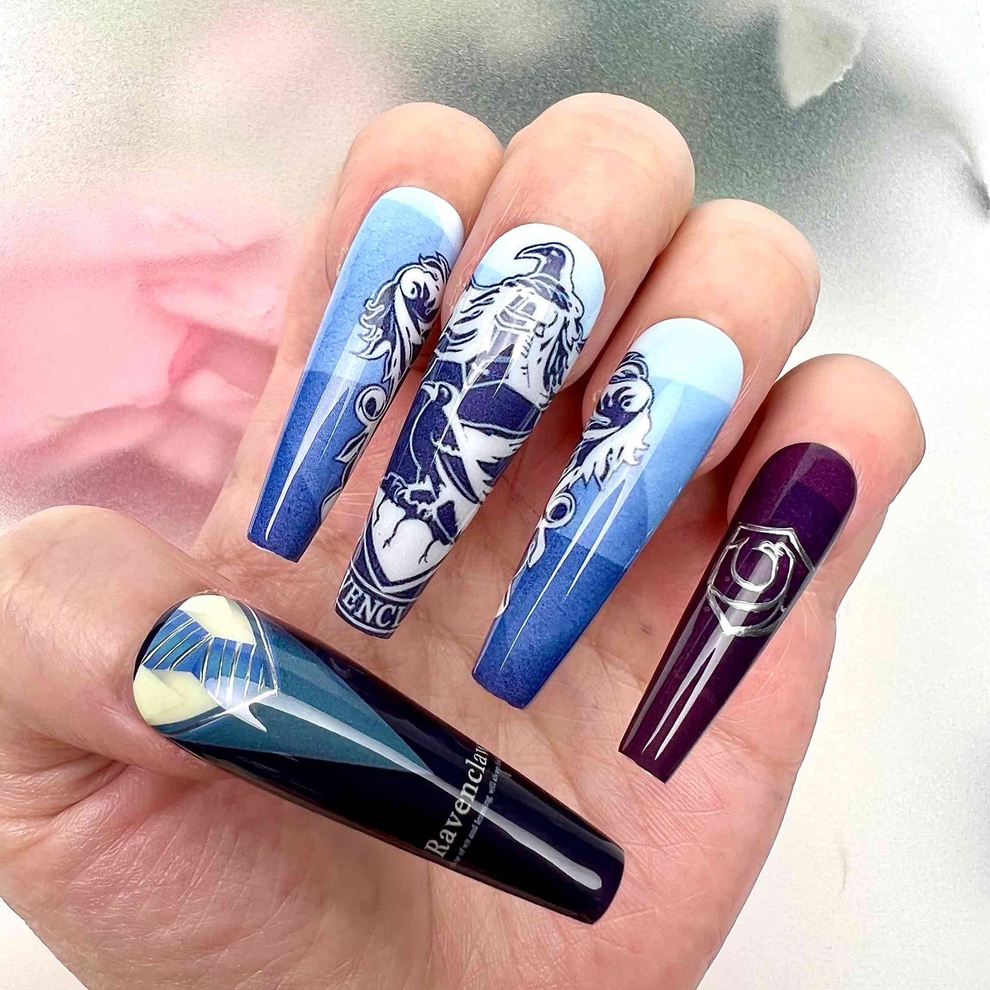 Harry Potter Ravenclaw Nails – HP Press-On Set, Blue &amp; Bronze Eagle Crest Uniform Design | Dragonnail