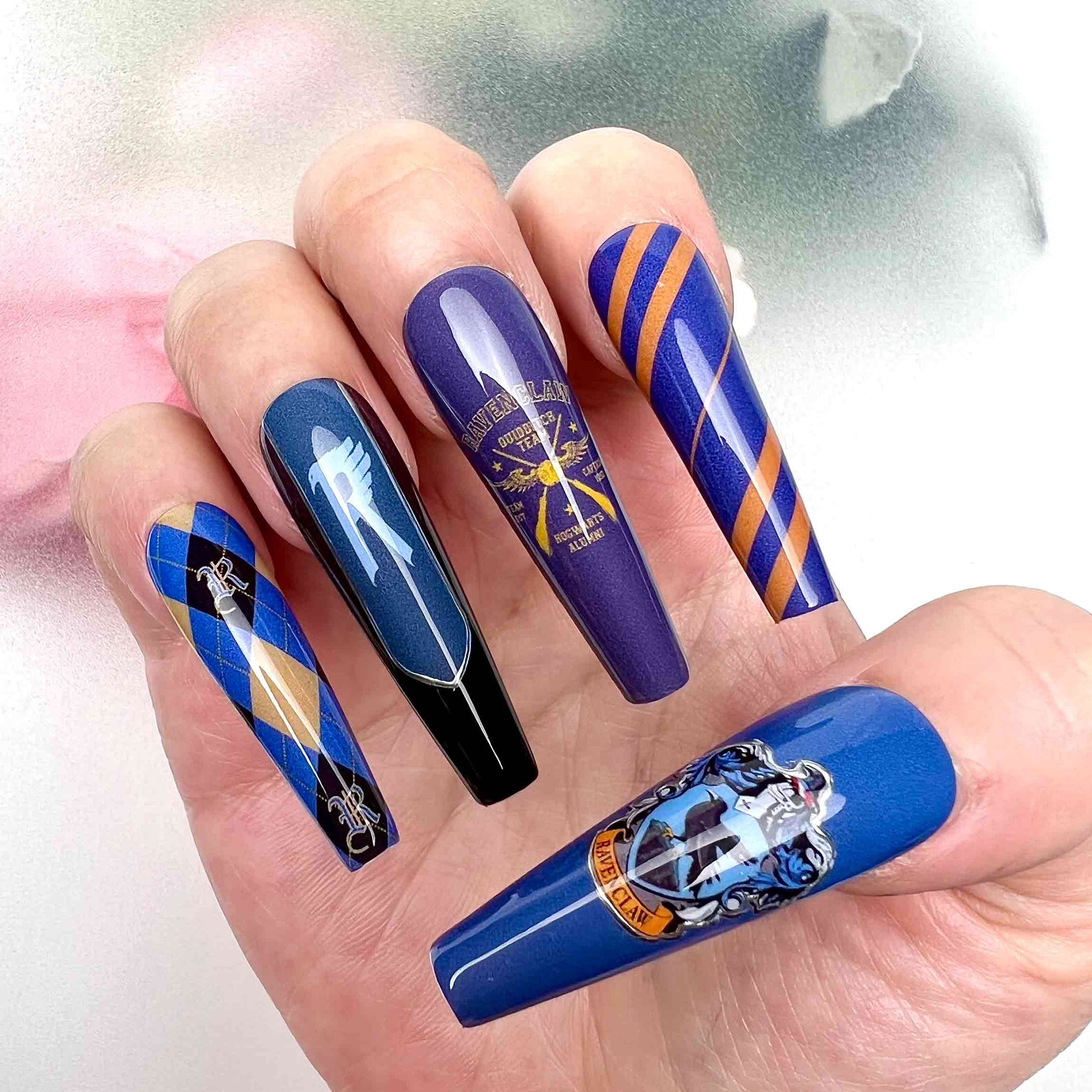 Harry Potter Ravenclaw Nails – HP Press-On Set, Blue &amp; Bronze Eagle Crest Uniform Design | Dragonnail