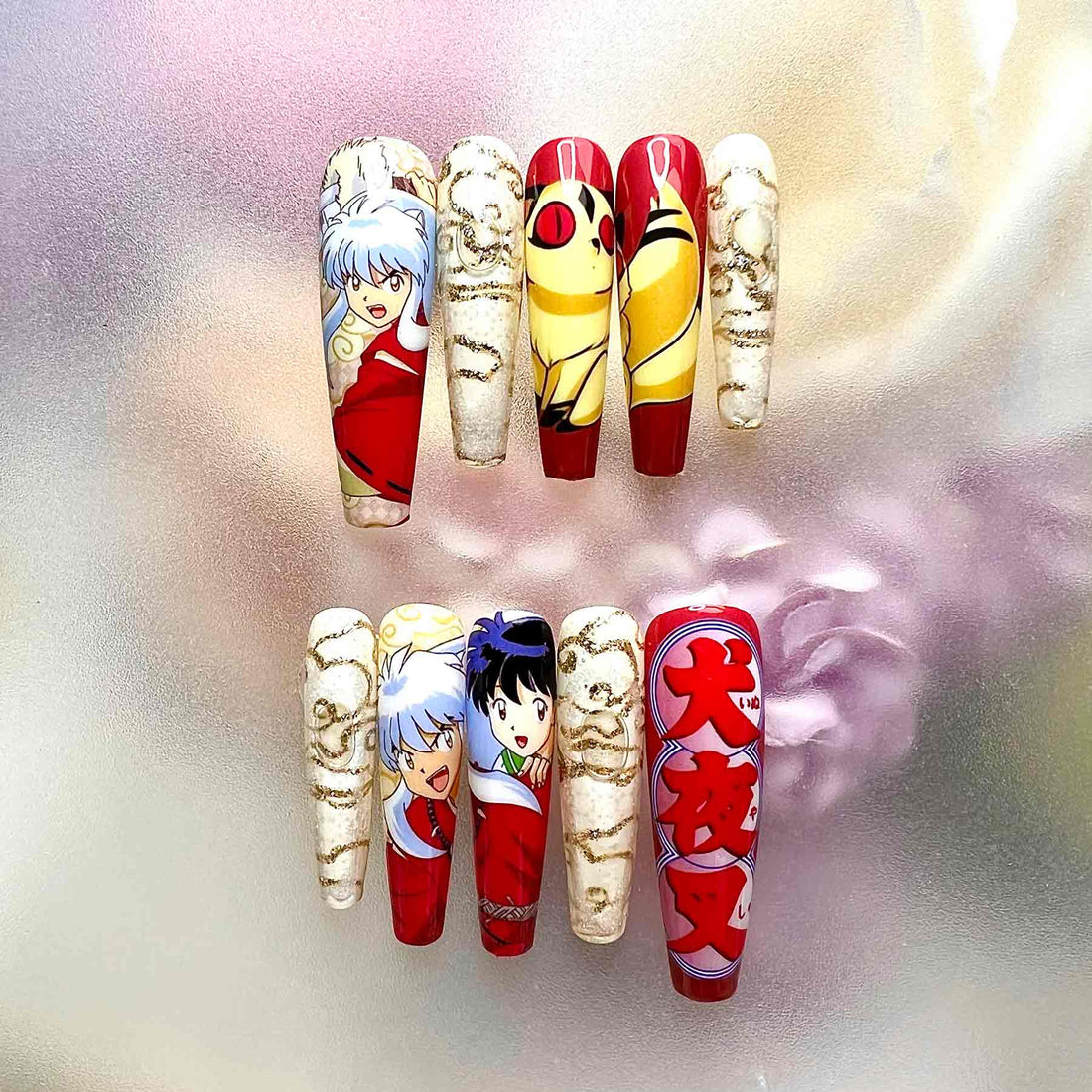 InuYasha &amp; Kagome Nails – Anime Press-On Set, Gold Flake &amp; Fire Rat Robe Design | Dragonnail