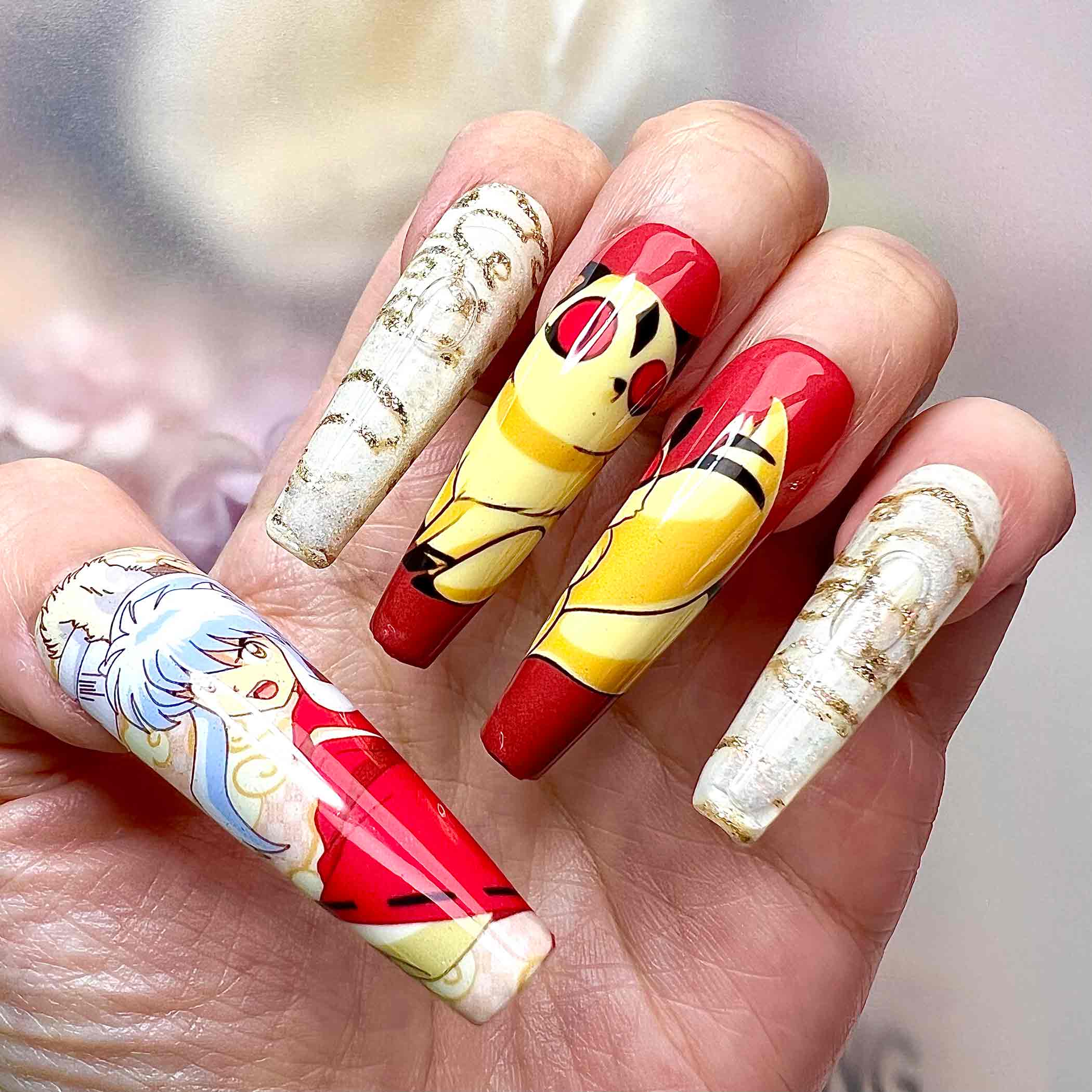 InuYasha &amp; Kagome Nails – Anime Press-On Set, Gold Flake &amp; Fire Rat Robe Design | Dragonnail