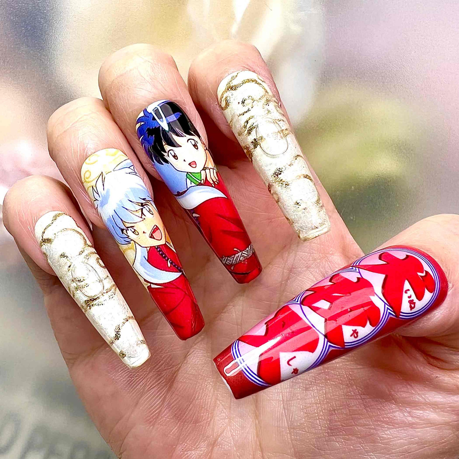 InuYasha &amp; Kagome Nails – Anime Press-On Set, Gold Flake &amp; Fire Rat Robe Design | Dragonnail