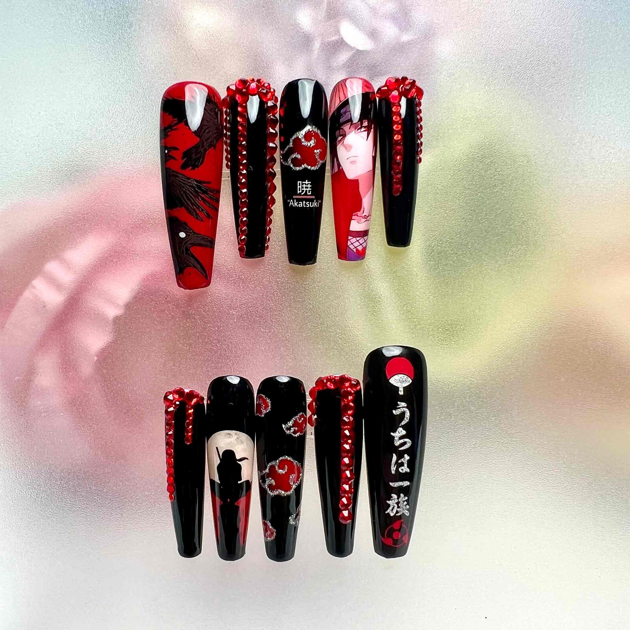 Itachi Uchiha Nails – Naruto Press-On Nail Set, Akatsuki Sharingan Edition | Dragonnail